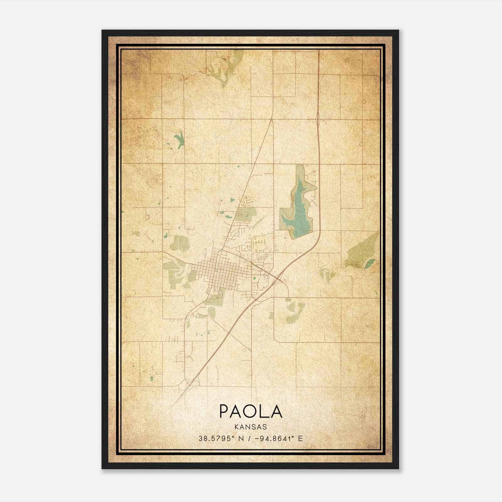 Vintage Paola Kansas Map Poster, Modern Home Decor Wall Art Print
