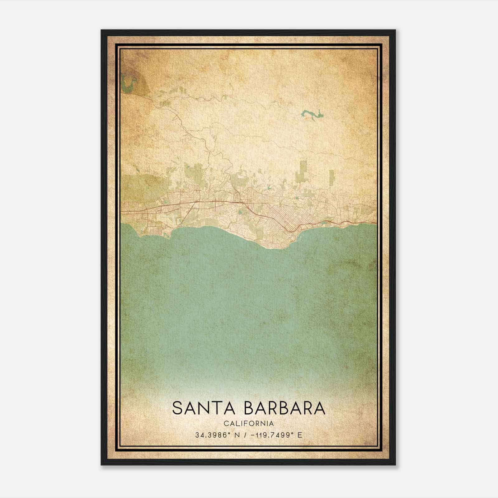 Vintage Santa Barbara California Map Poster, Modern Home Decor Wall Art Print