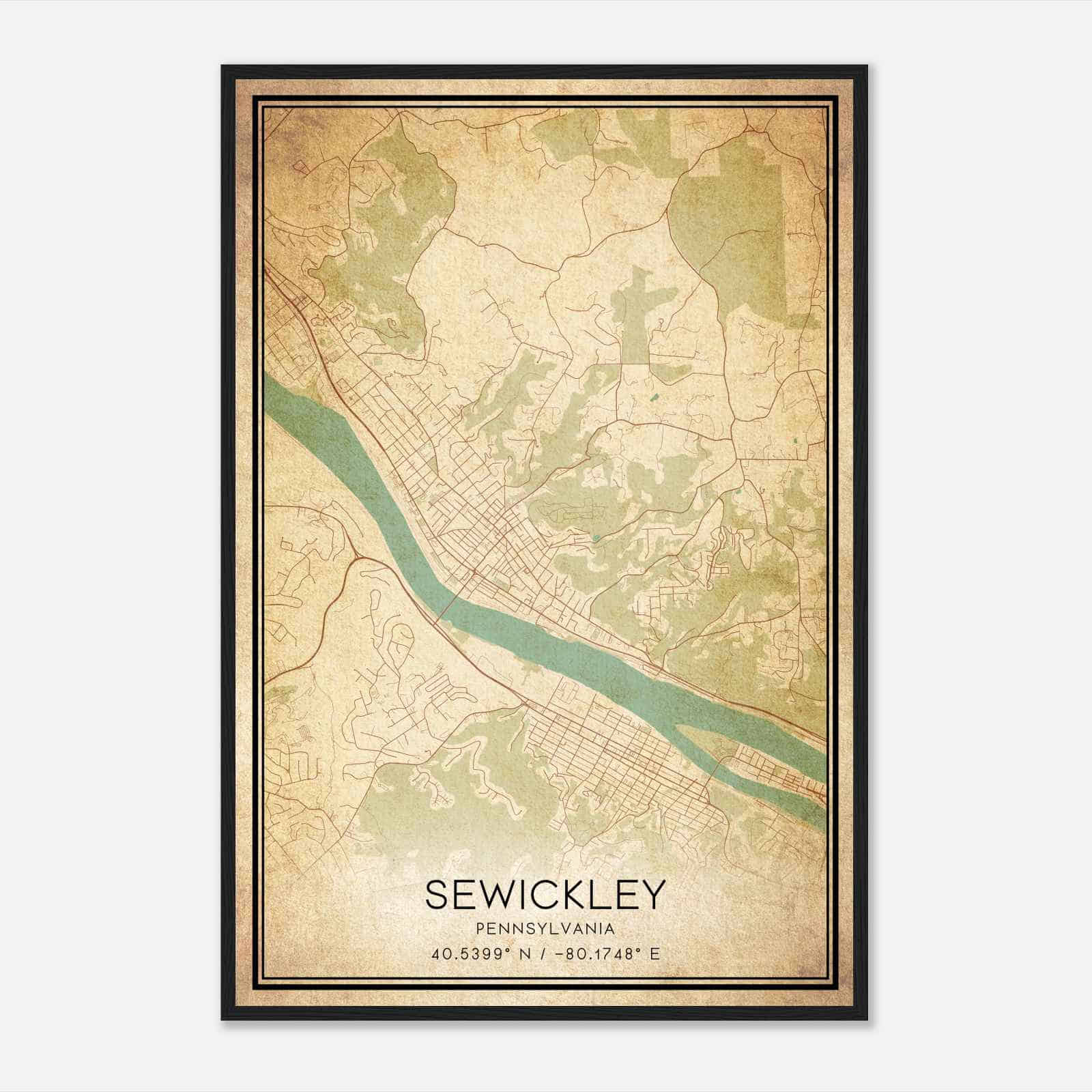 Vintage Sewickley Pennsylvania Map Poster, Modern Home Decor Wall Art Print