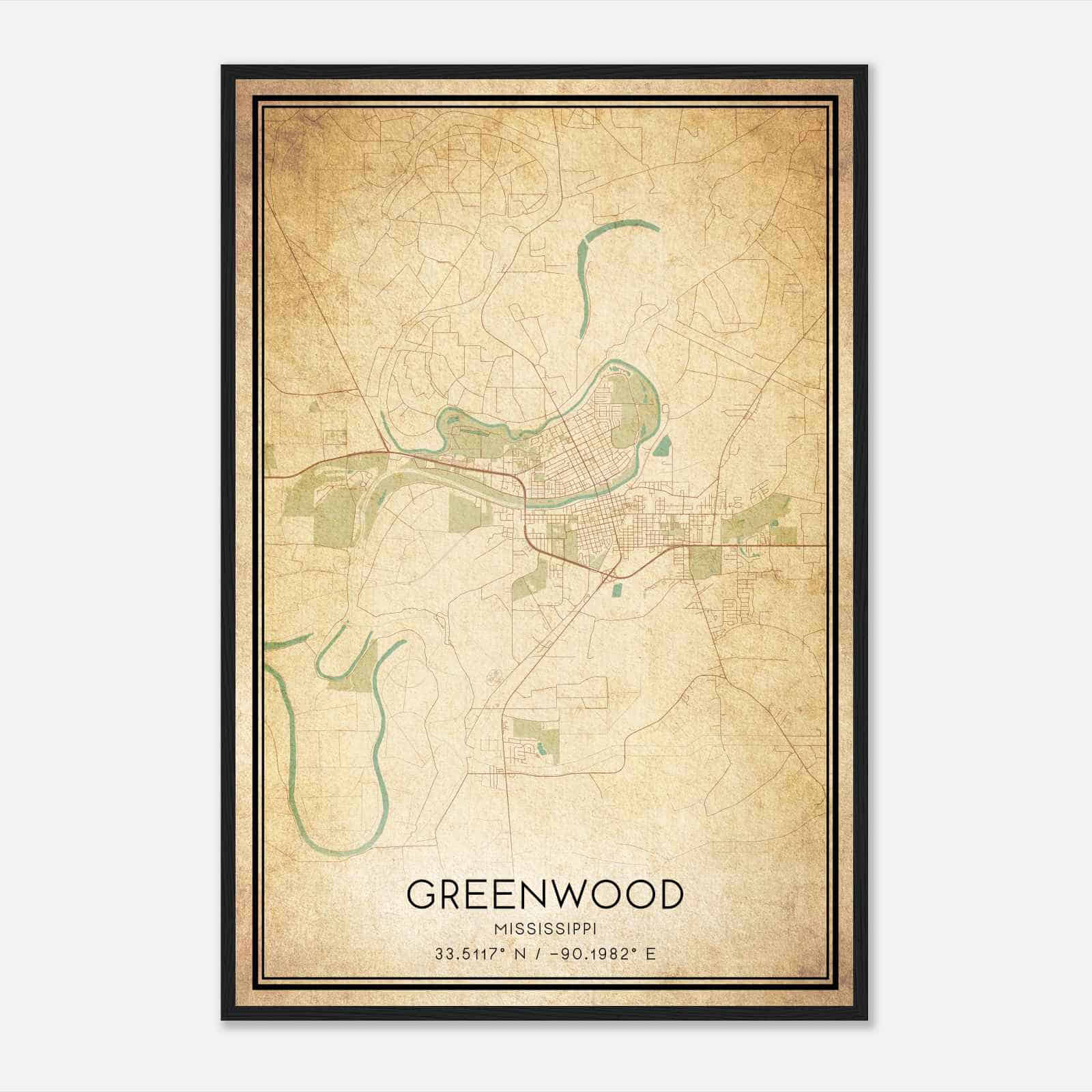 Vintage Greenwood Mississippi Map Poster, Modern Home Decor Wall Art Print