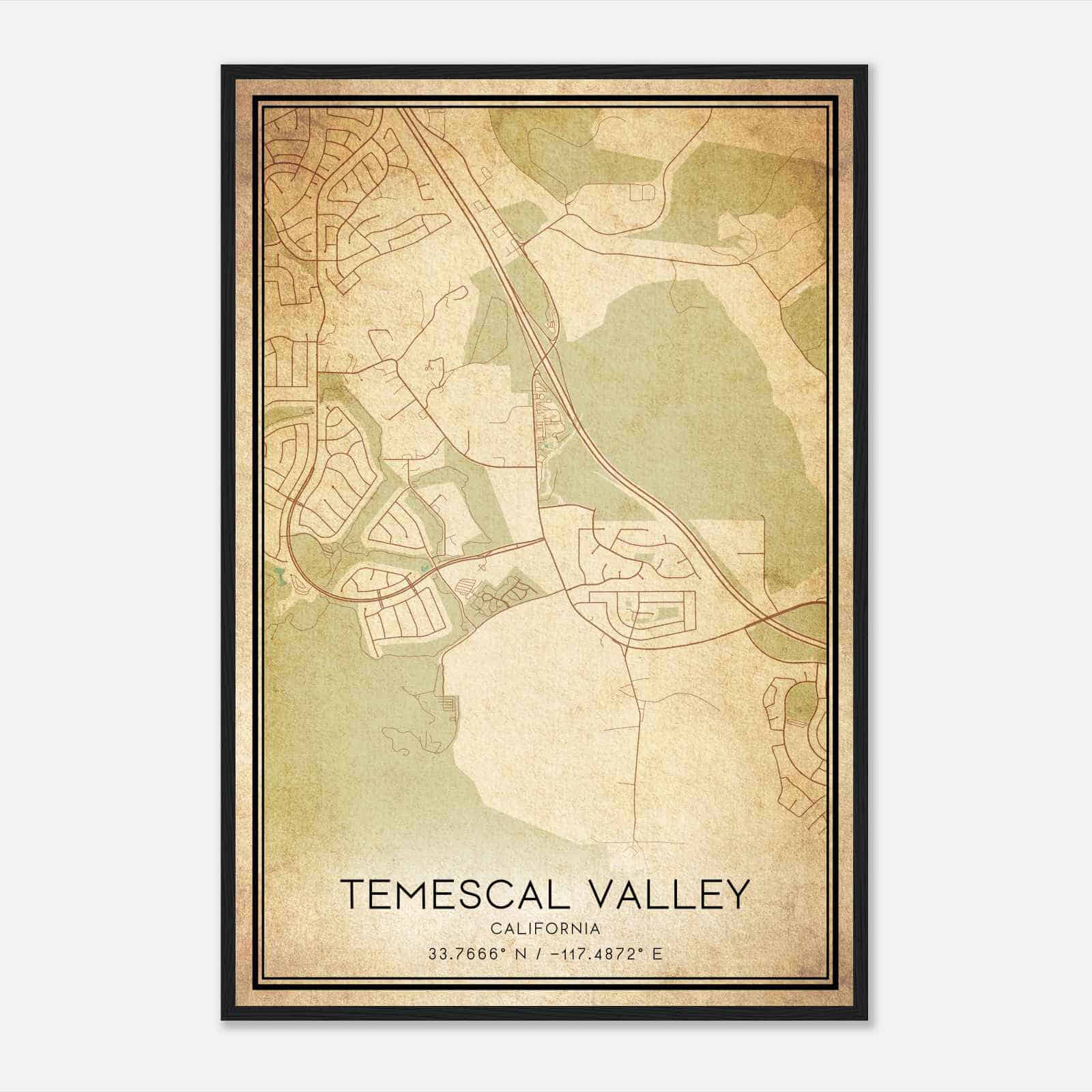 Vintage Temescal Valley California Map Poster, Modern Home Decor Wall Art Print