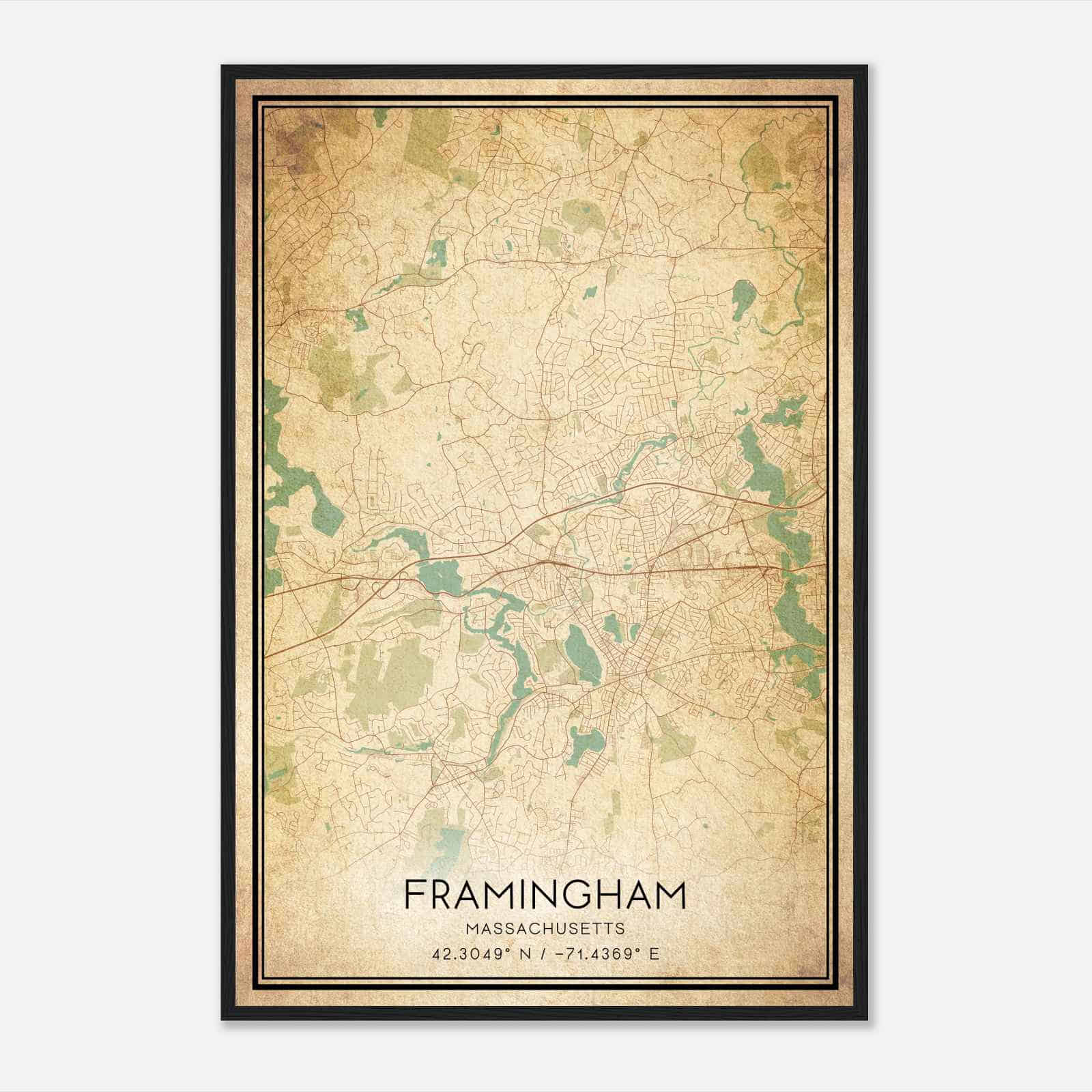 Vintage Framingham Massachusetts Map Poster, Modern Home Decor Wall Art Print