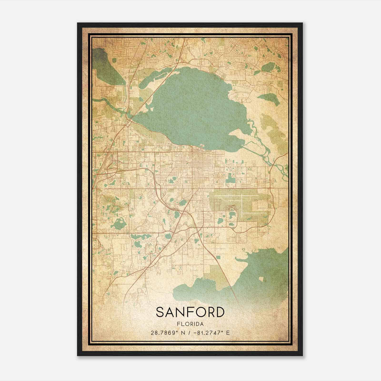 Vintage Sanford Florida Map Poster, Modern Home Decor Wall Art Print