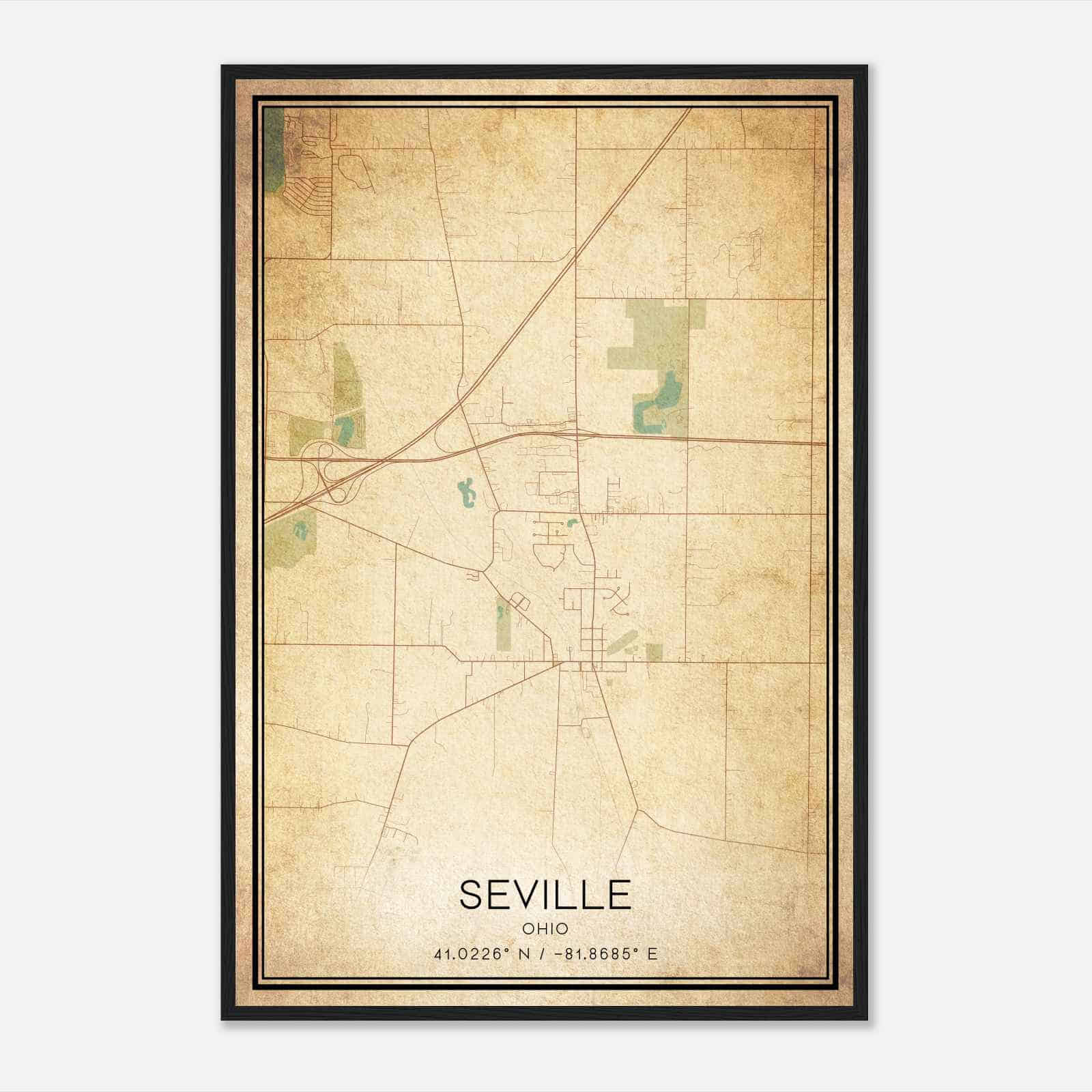 Vintage Seville Ohio Map Poster, Modern Home Decor Wall Art Print