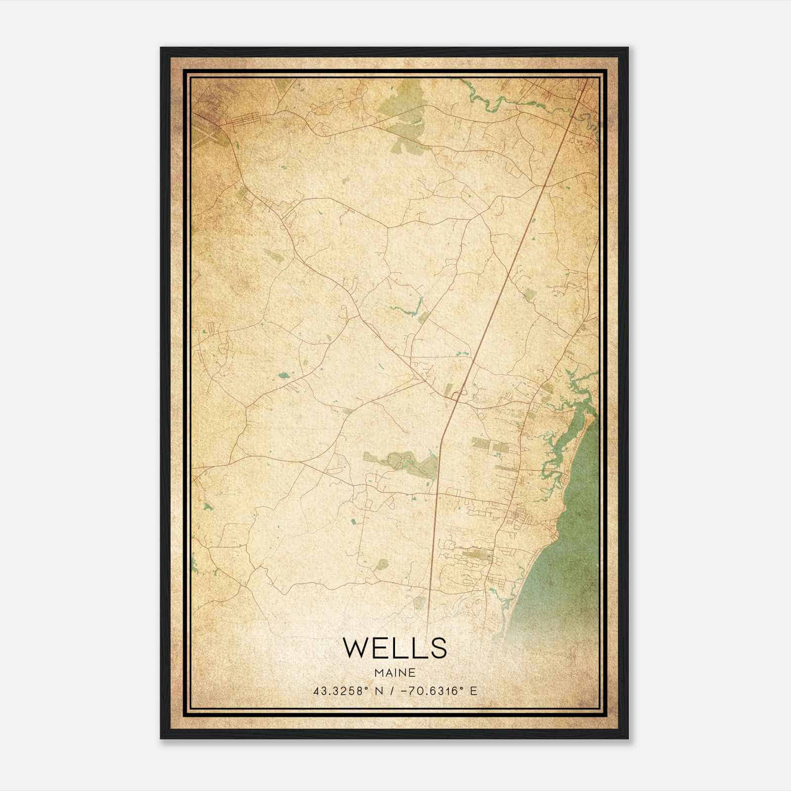 Vintage Wells Maine Map Poster, Modern Home Decor Wall Art Print