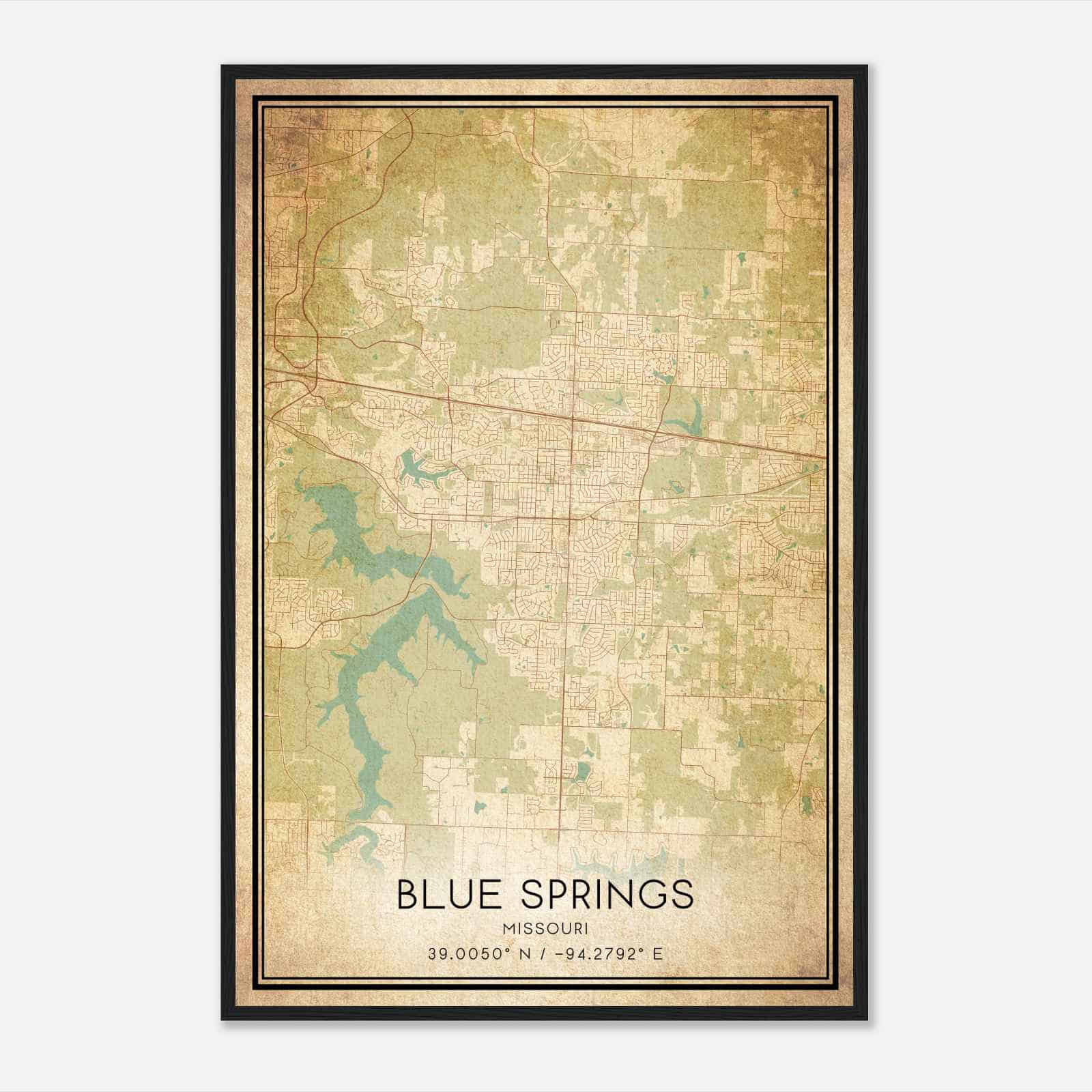 Vintage Blue Springs Missouri Map Poster, Modern Home Decor Wall Art Print