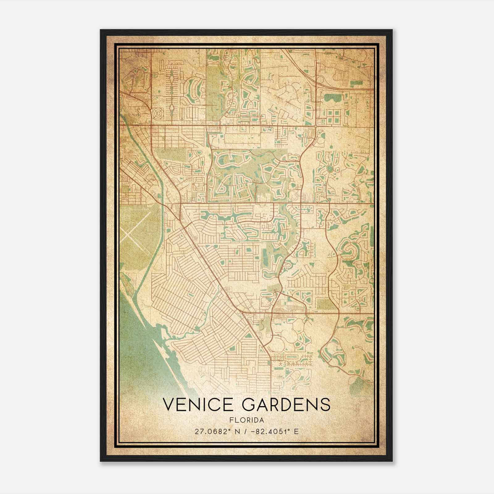 Vintage Venice Gardens Florida Map Poster, Modern Home Decor Wall Art Print