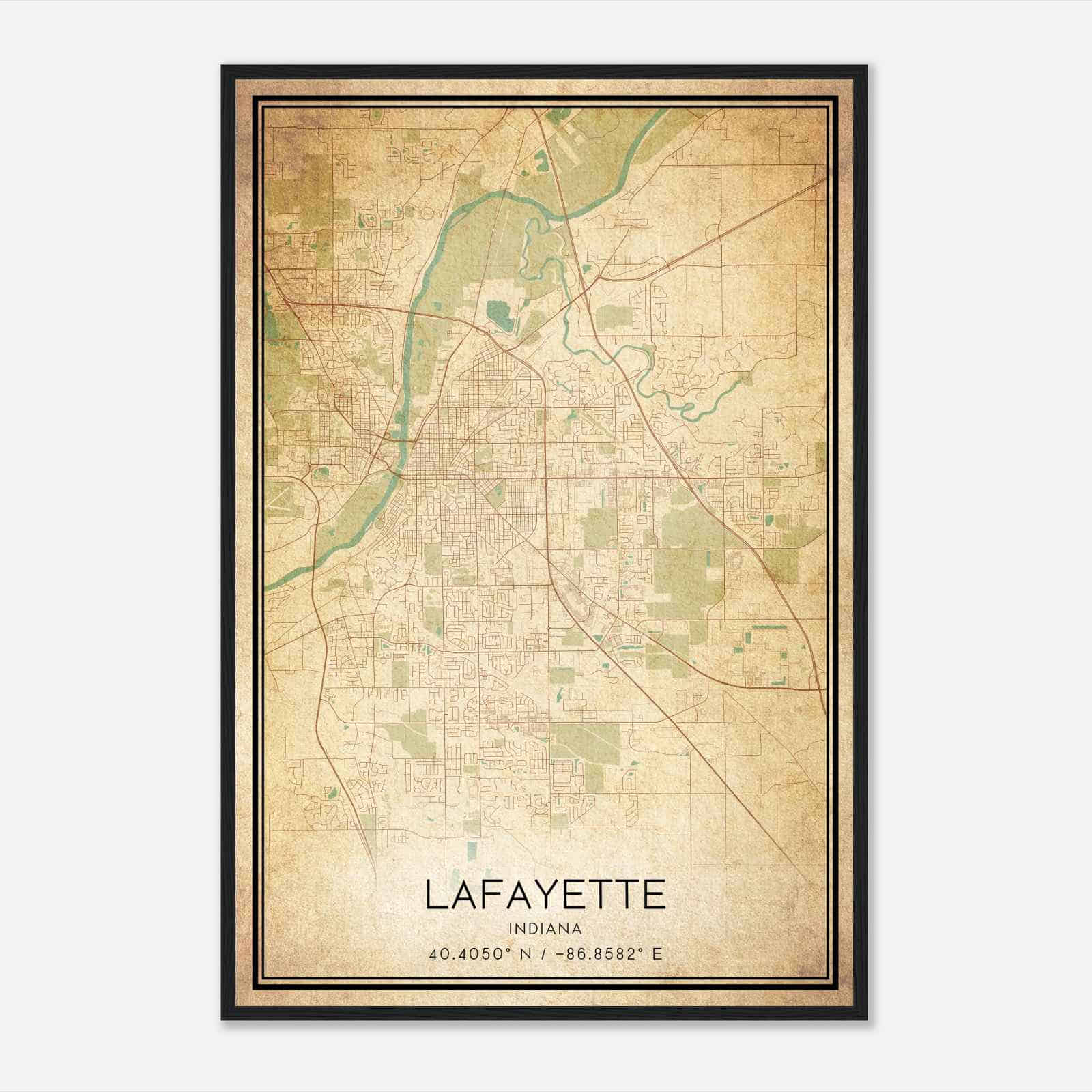 Vintage Lafayette Indiana Map Poster, Modern Home Decor Wall Art Print