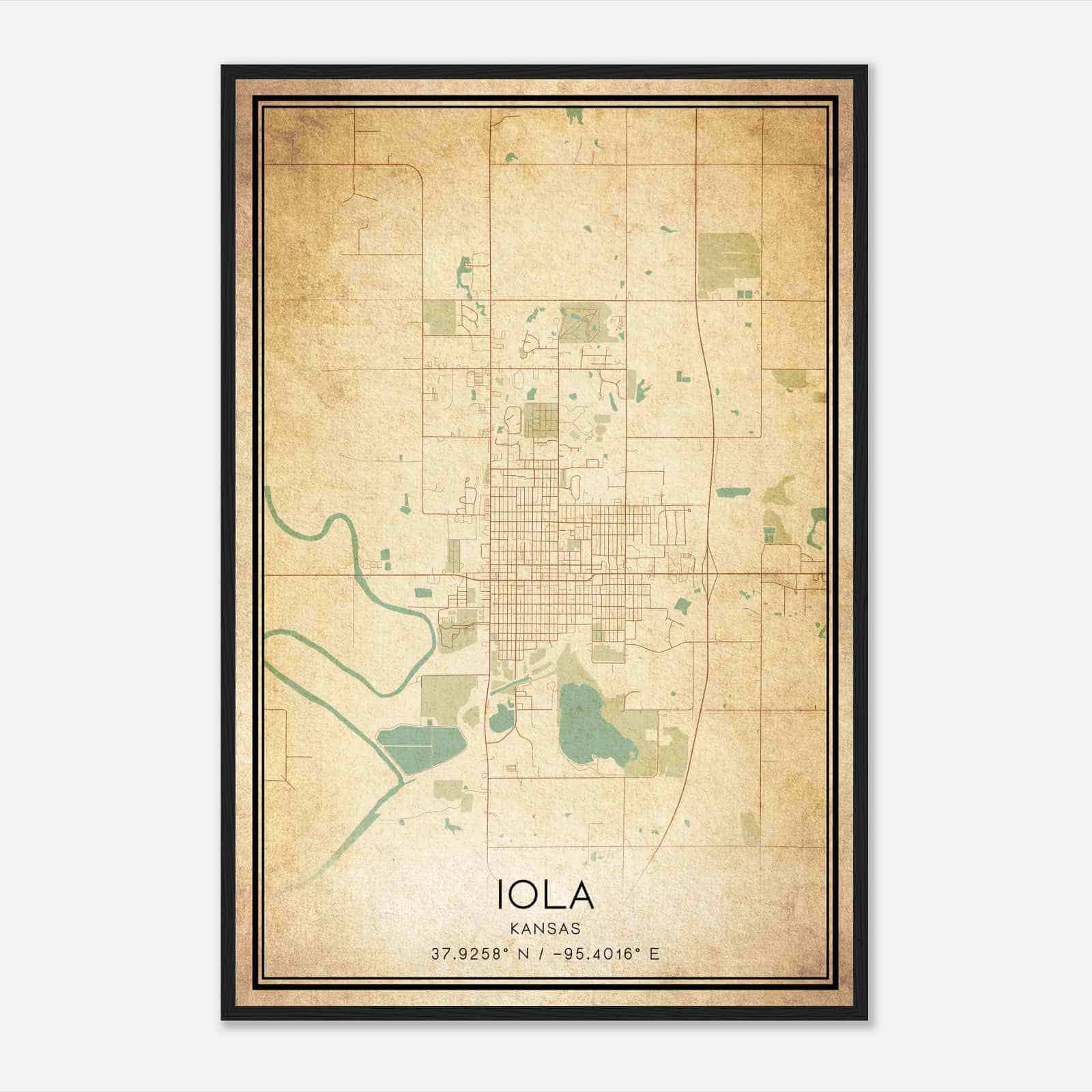 Vintage Iola Kansas Map Poster, Modern Home Decor Wall Art Print