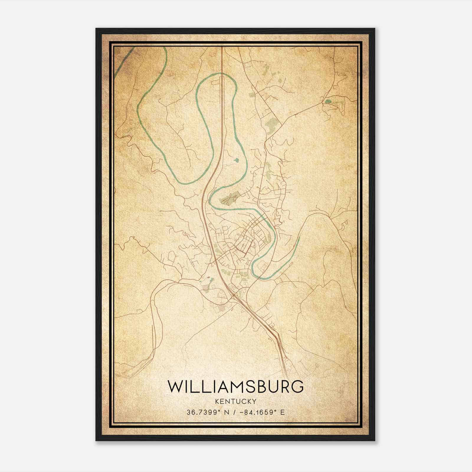 Vintage Williamsburg Kentucky Map Poster, Modern Home Decor Wall Art Print