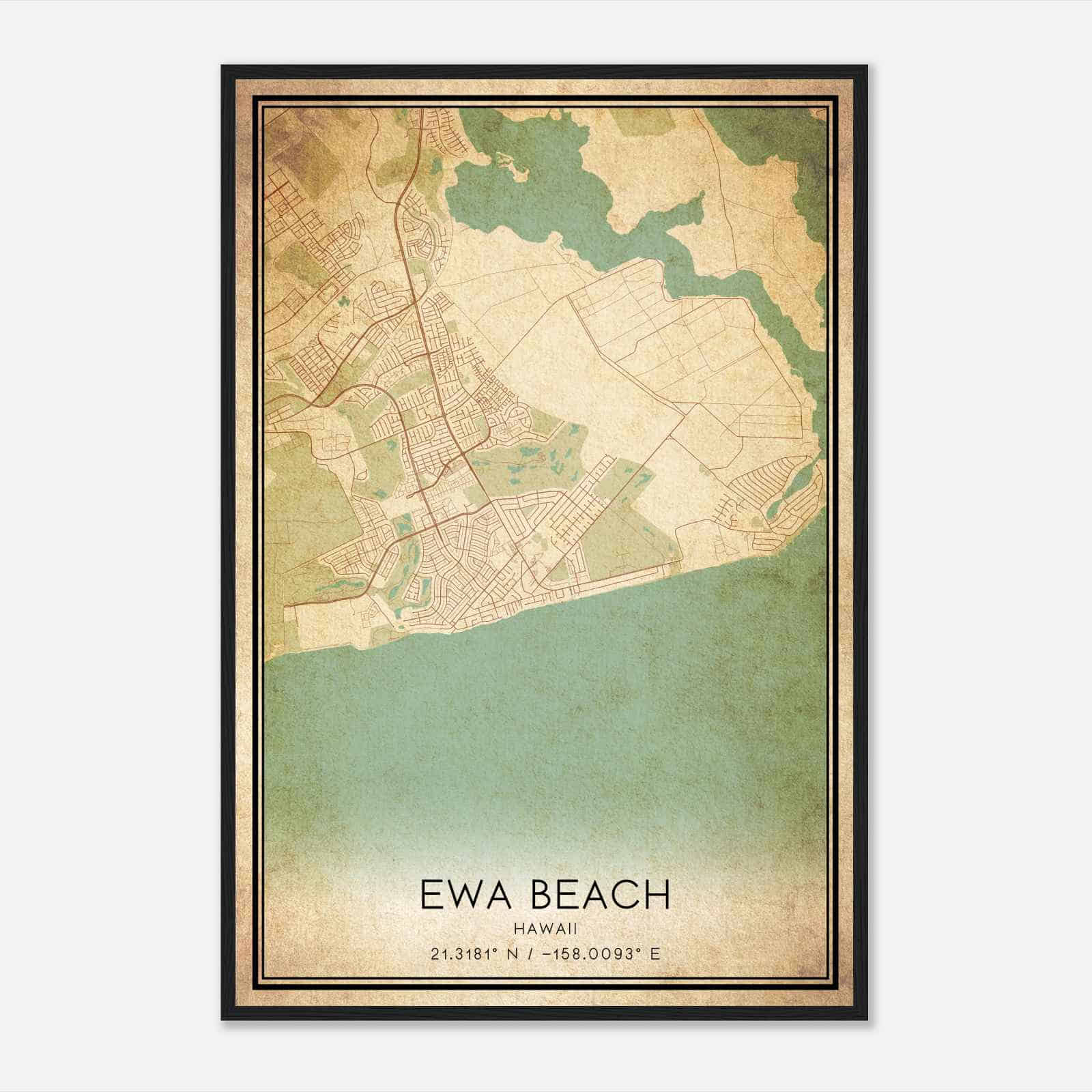Vintage Ewa Beach Hawaii Map Poster, Modern Home Decor Wall Art Print