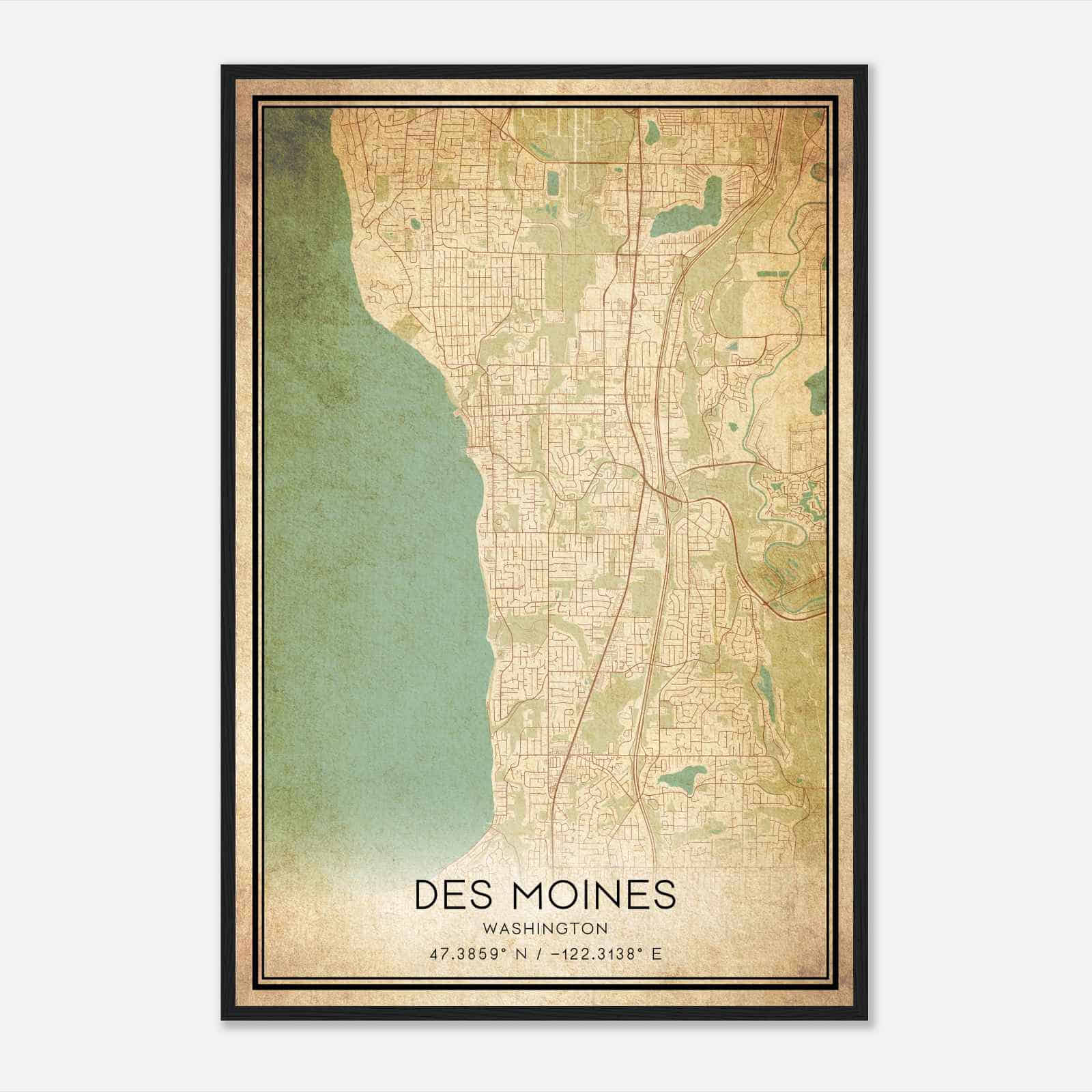 Vintage Des Moines Washington Map Poster, Modern Home Decor Wall Art Print