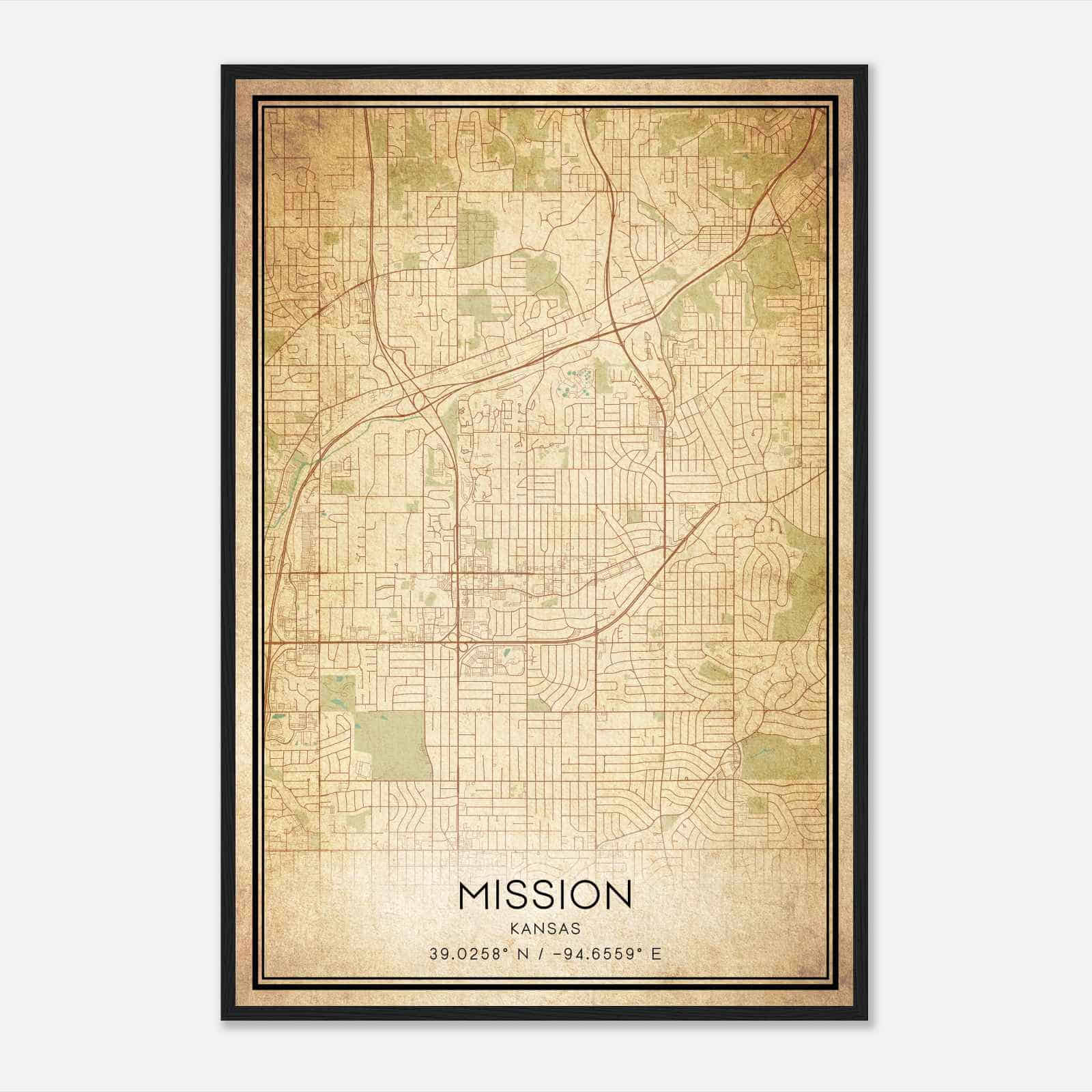 Vintage Mission Kansas Map Poster, Modern Home Decor Wall Art Print