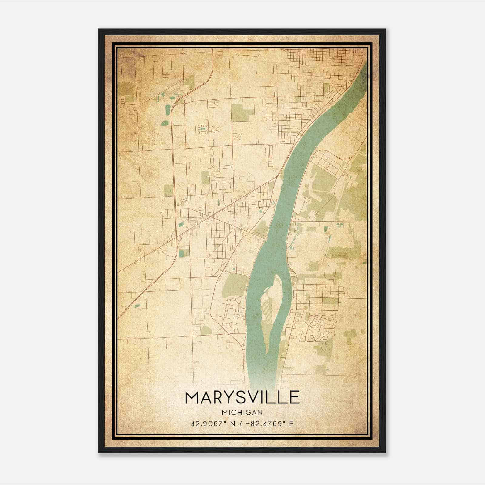 Vintage Marysville Michigan Map Poster, Modern Home Decor Wall Art Print