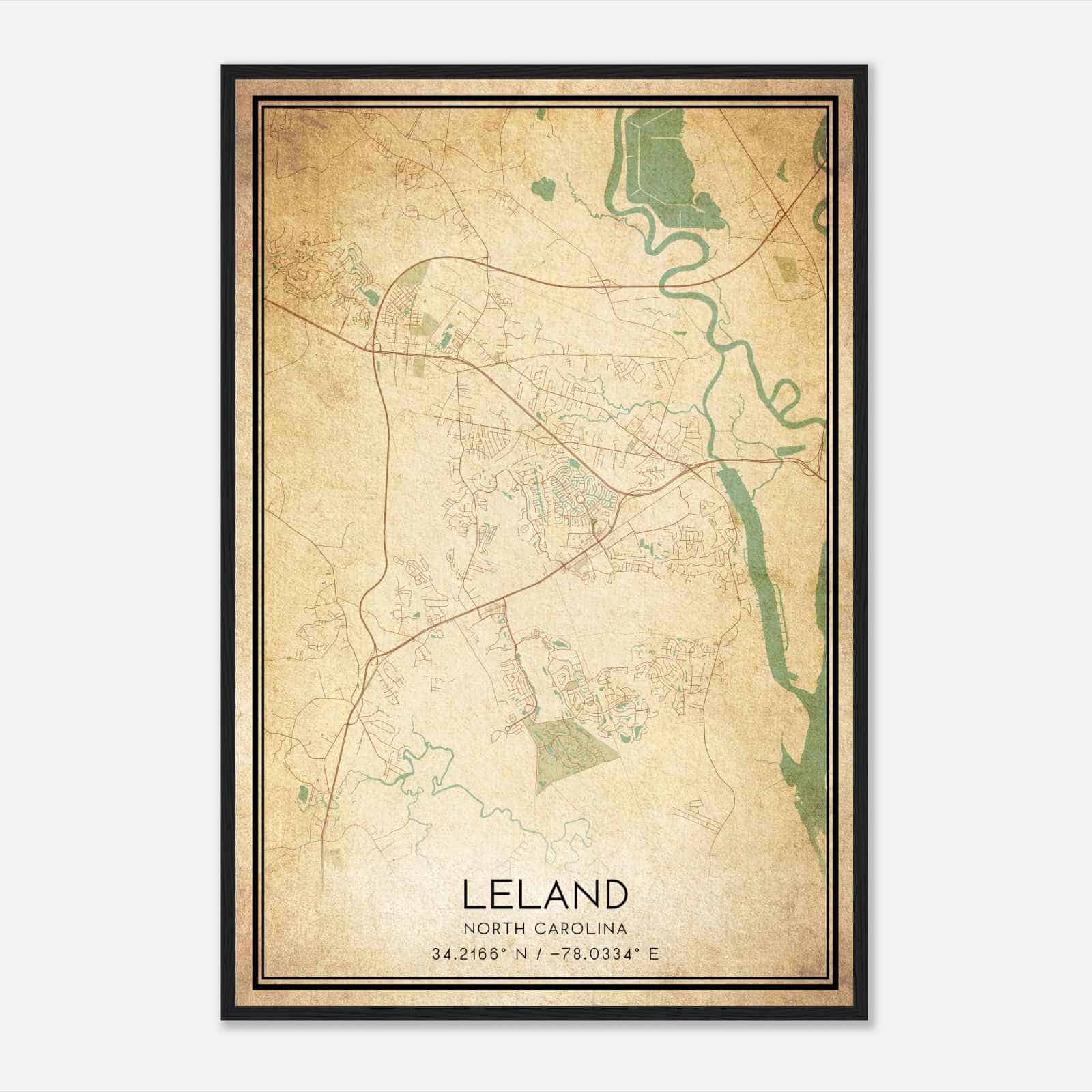 Vintage Leland North Carolina Map Poster, Modern Home Decor Wall Art Print
