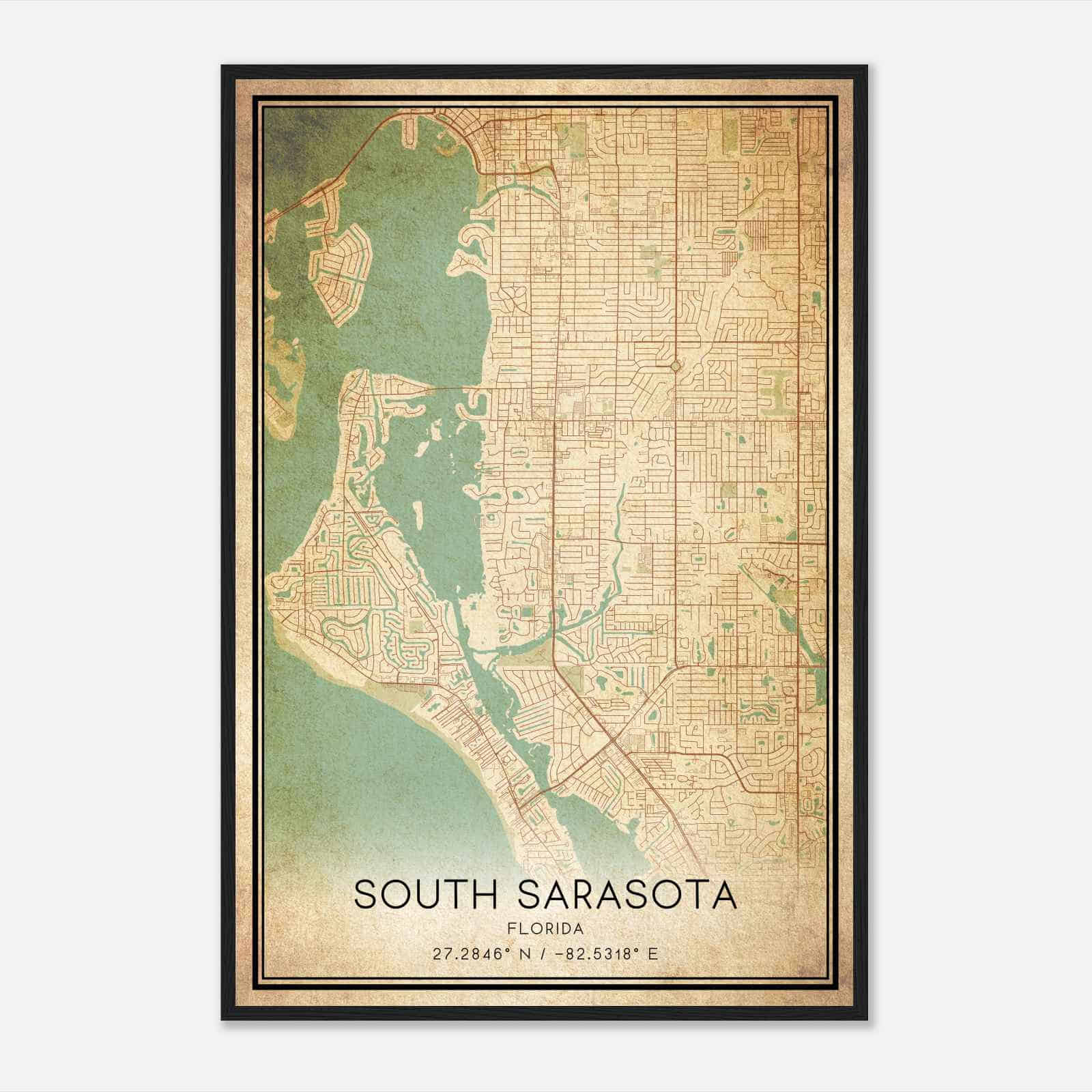 Vintage South Sarasota Florida Map Poster, Modern Home Decor Wall Art Print