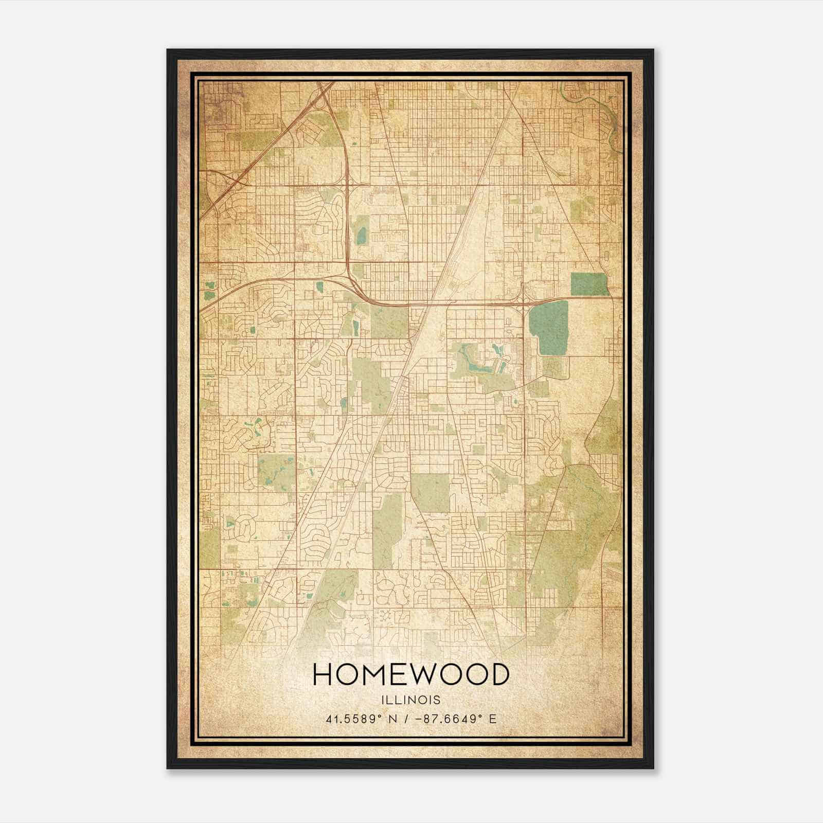 Vintage Homewood Illinois Map Poster, Modern Home Decor Wall Art Print