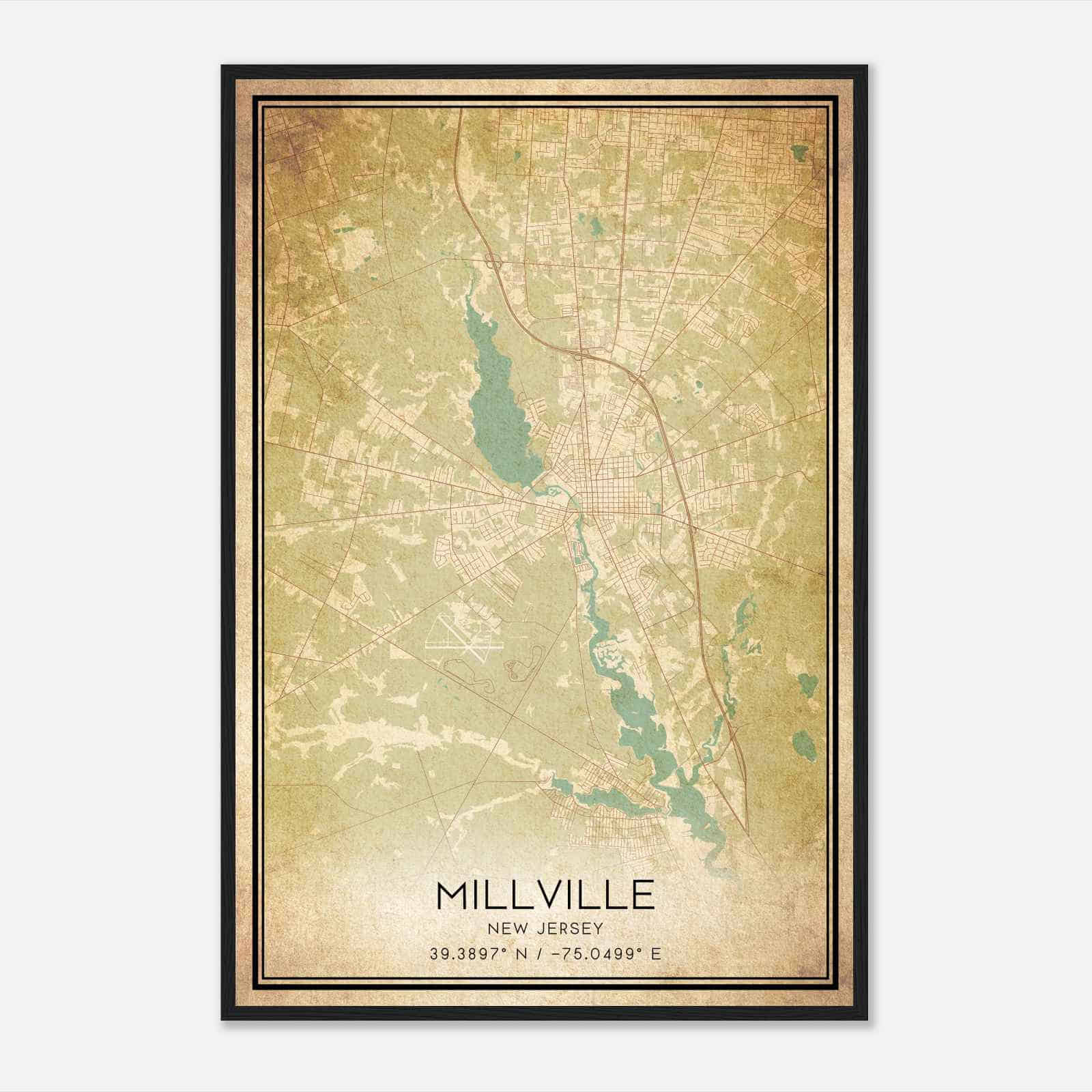 Vintage Millville New Jersey Map Poster, Modern Home Decor Wall Art Print