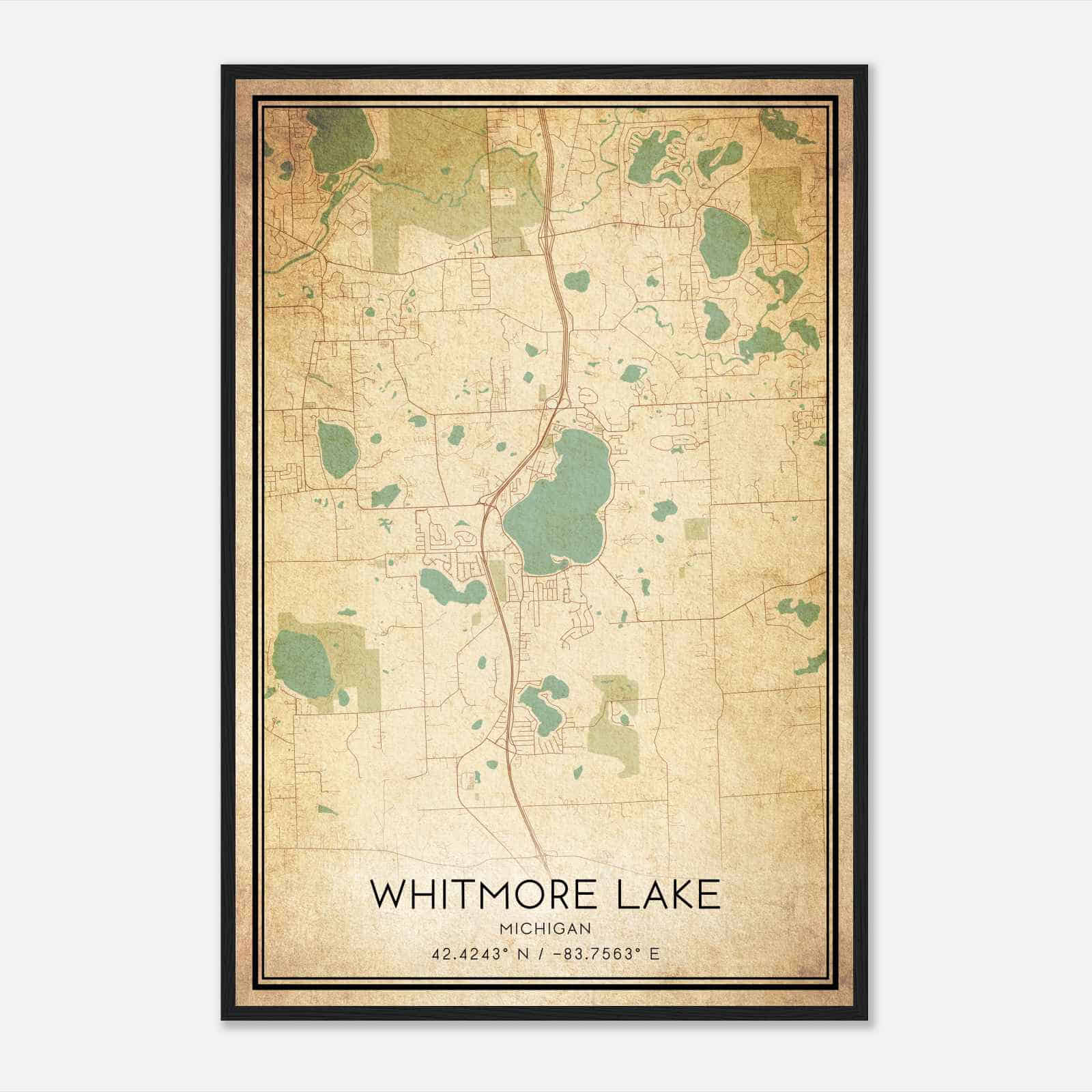 Vintage Whitmore Lake Michigan Map Poster, Modern Home Decor Wall Art Print
