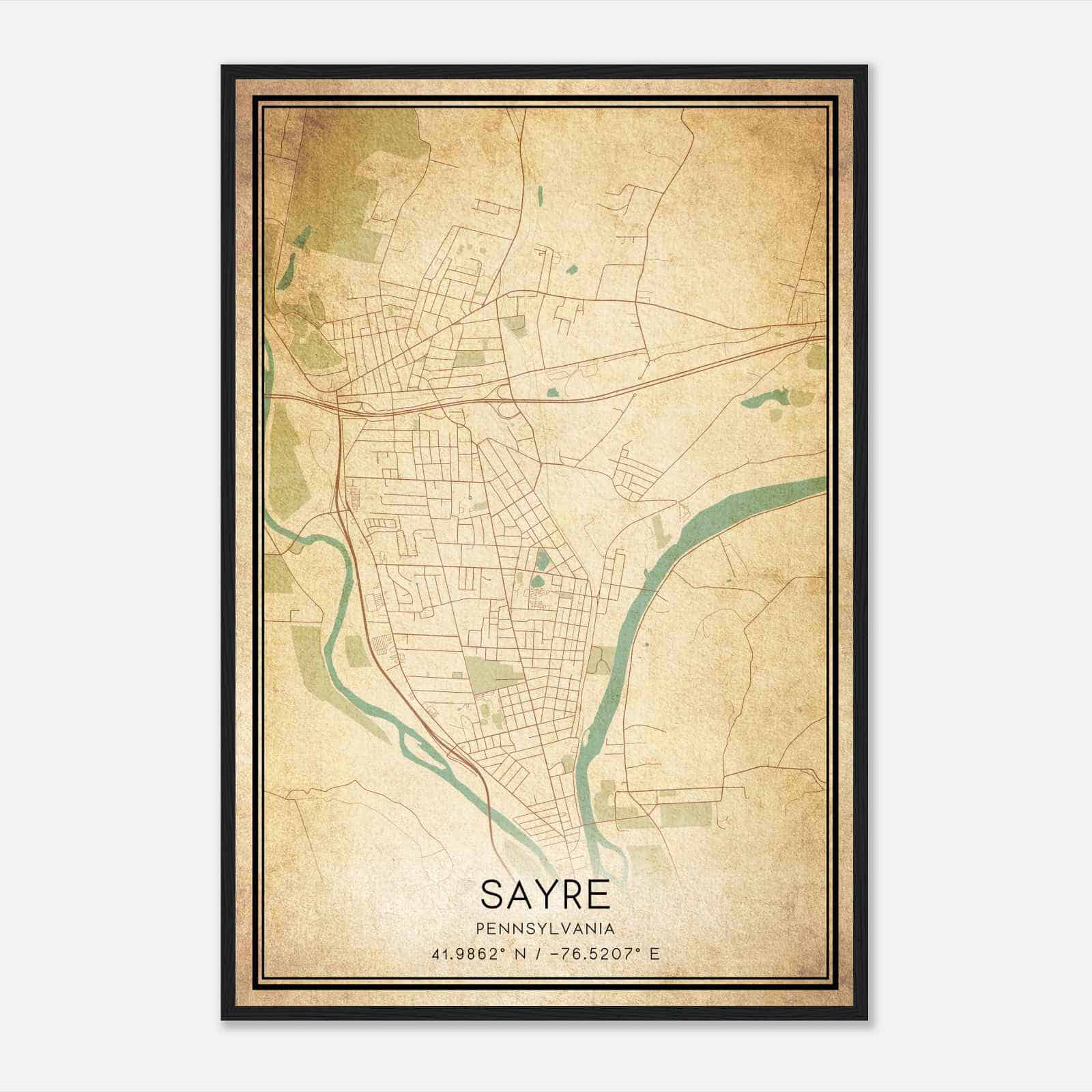 Vintage Sayre Pennsylvania Map Poster, Modern Home Decor Wall Art Print