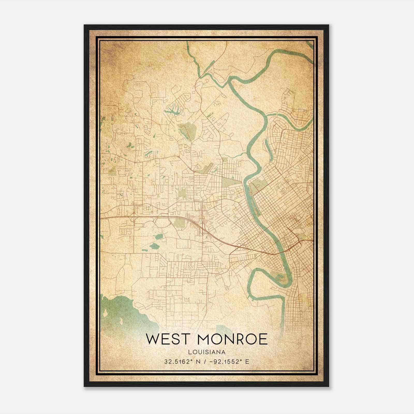 Vintage West Monroe Louisiana Map Poster, Modern Home Decor Wall Art Print