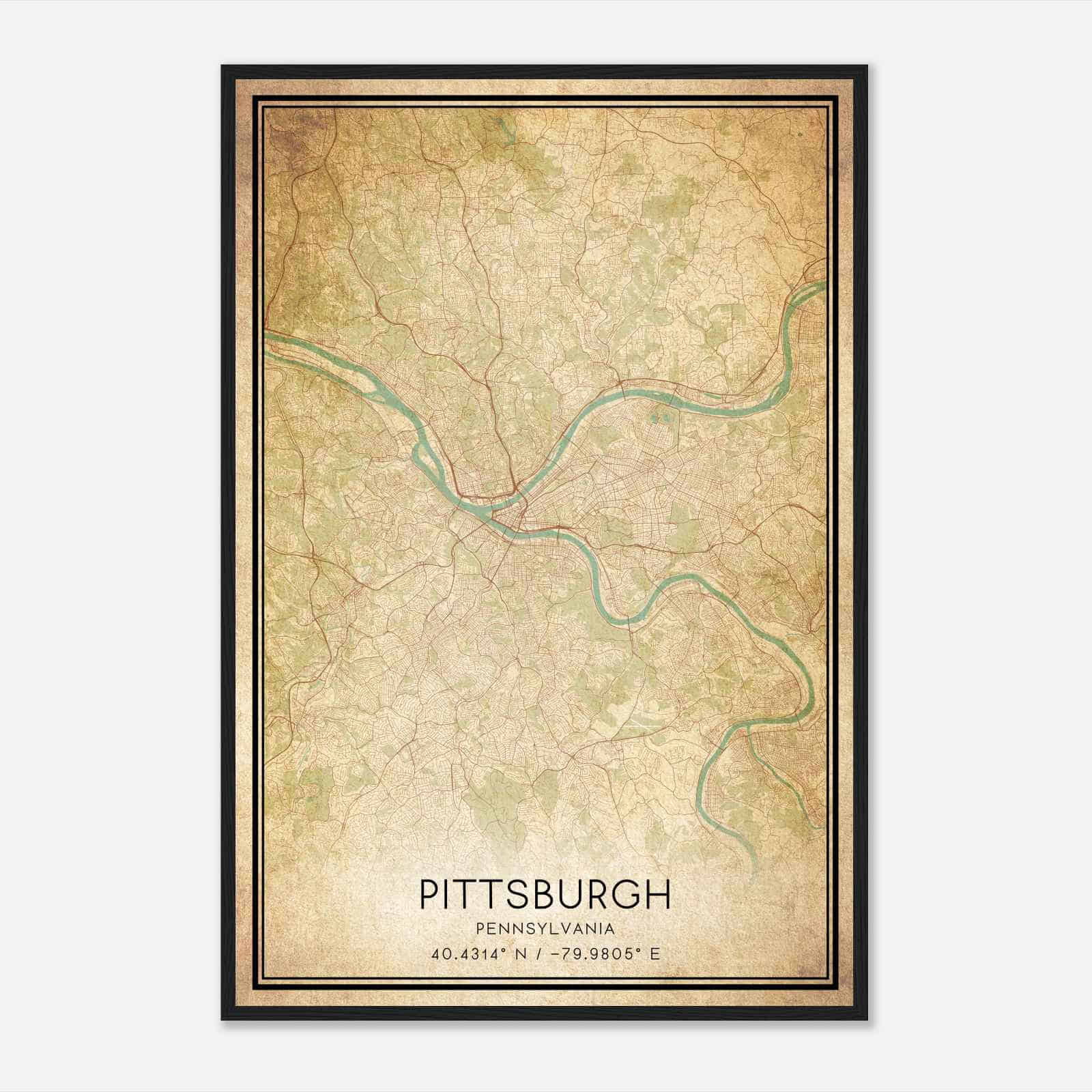 Vintage Pittsburgh Pennsylvania Map Poster, Modern Home Decor Wall Art Print