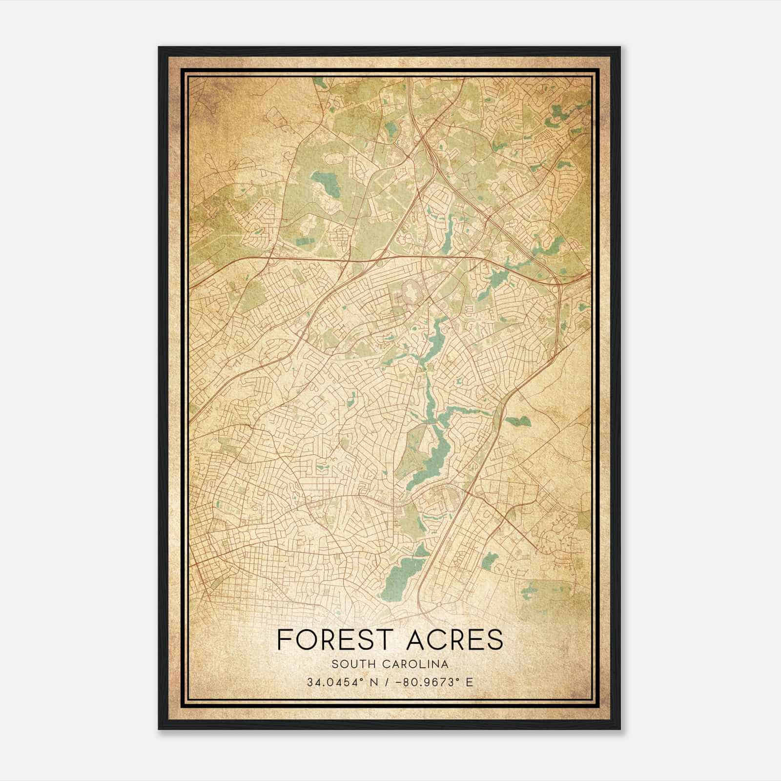 Vintage Forest Acres South Carolina Map Poster, Modern Home Decor Wall Art Print