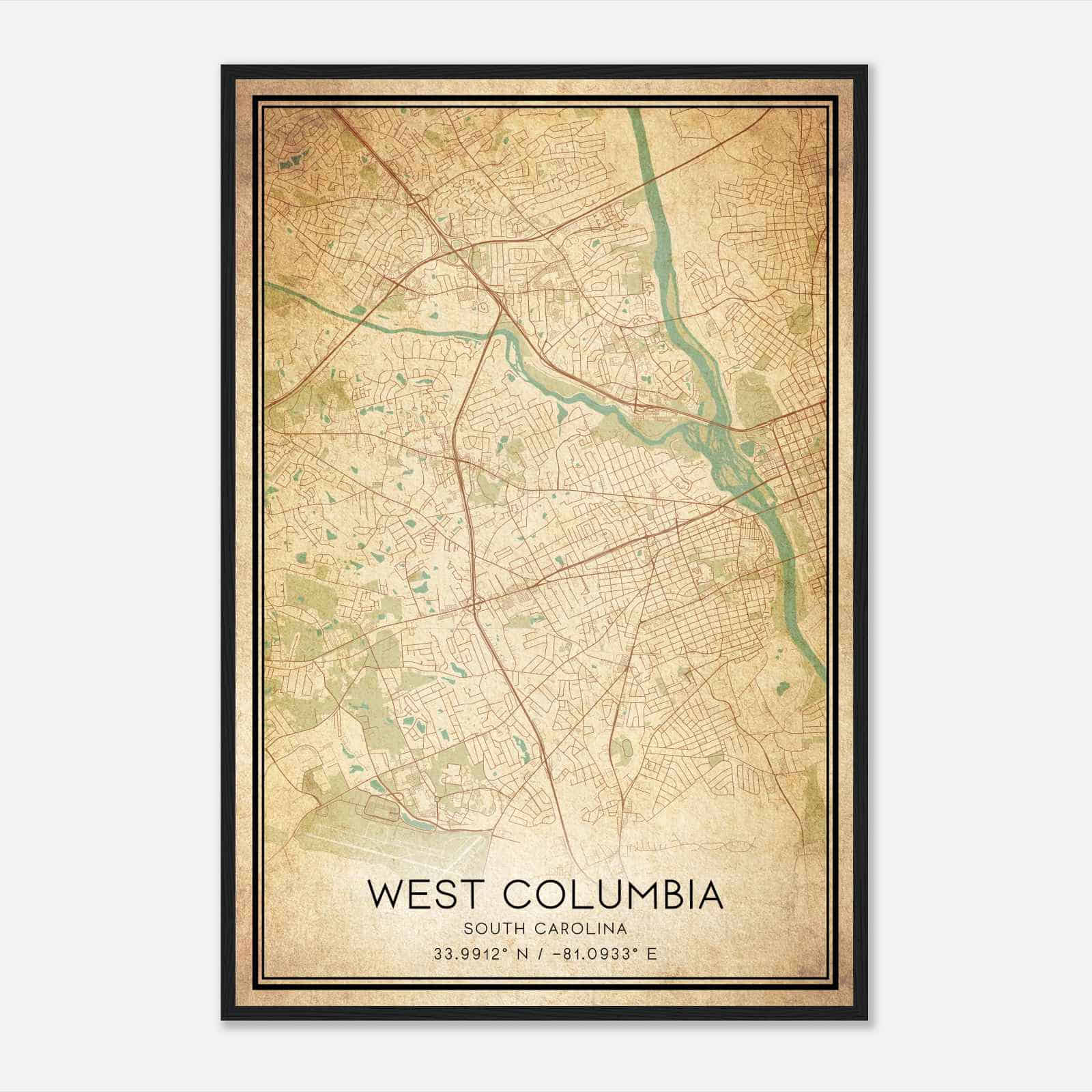 Vintage West Columbia South Carolina Map Poster, Modern Home Decor Wall Art Print