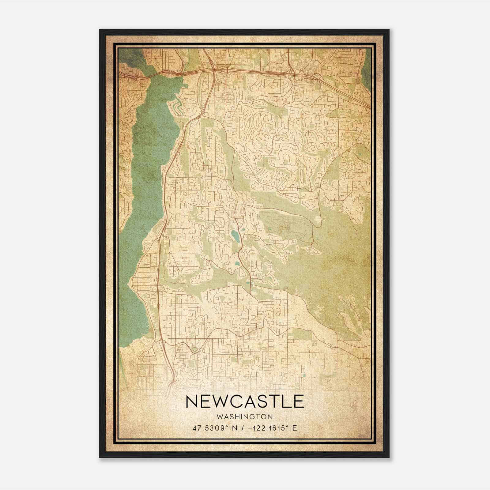 Vintage Newcastle Washington Map Poster, Modern Home Decor Wall Art Print
