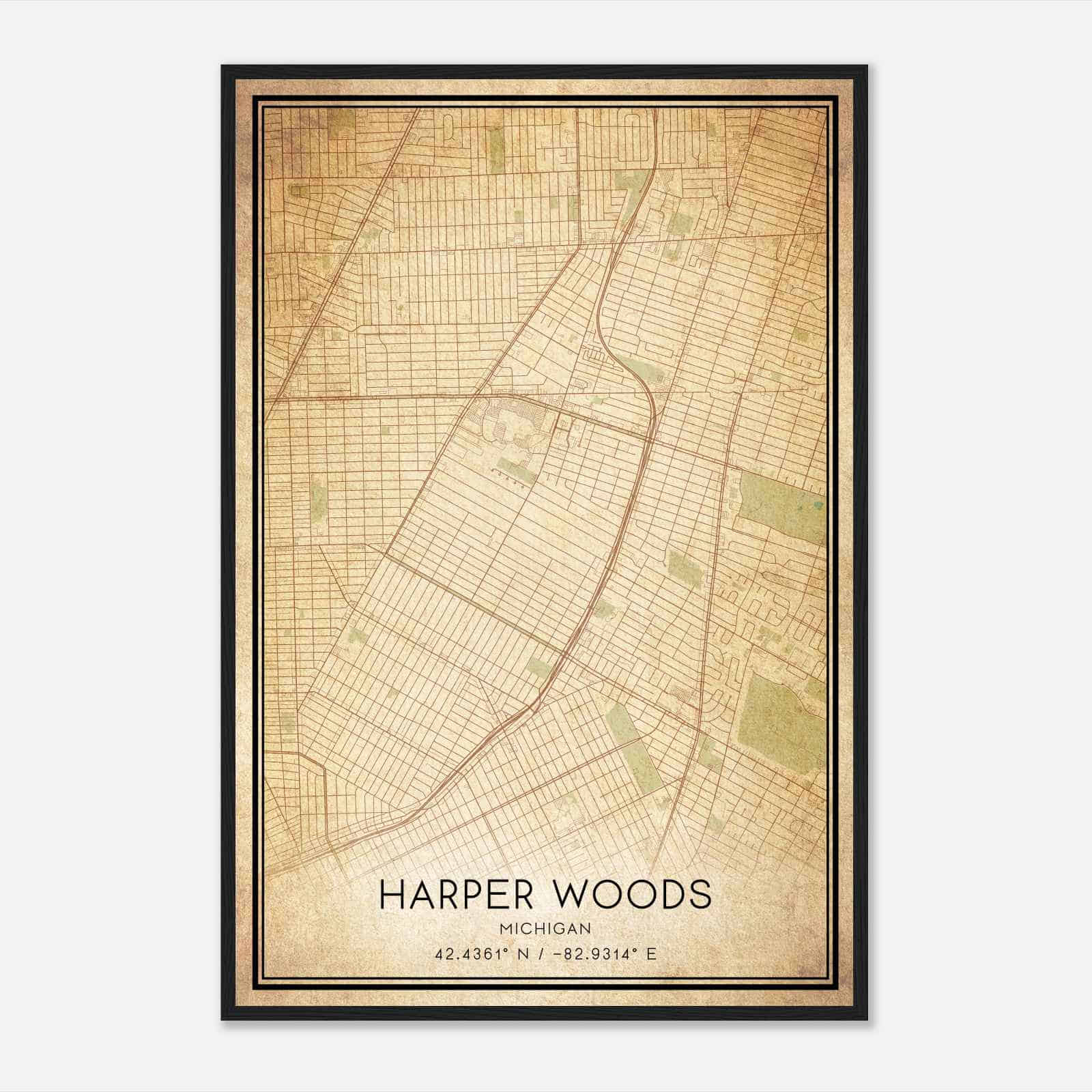 Vintage Harper Woods Michigan Map Poster, Modern Home Decor Wall Art Print