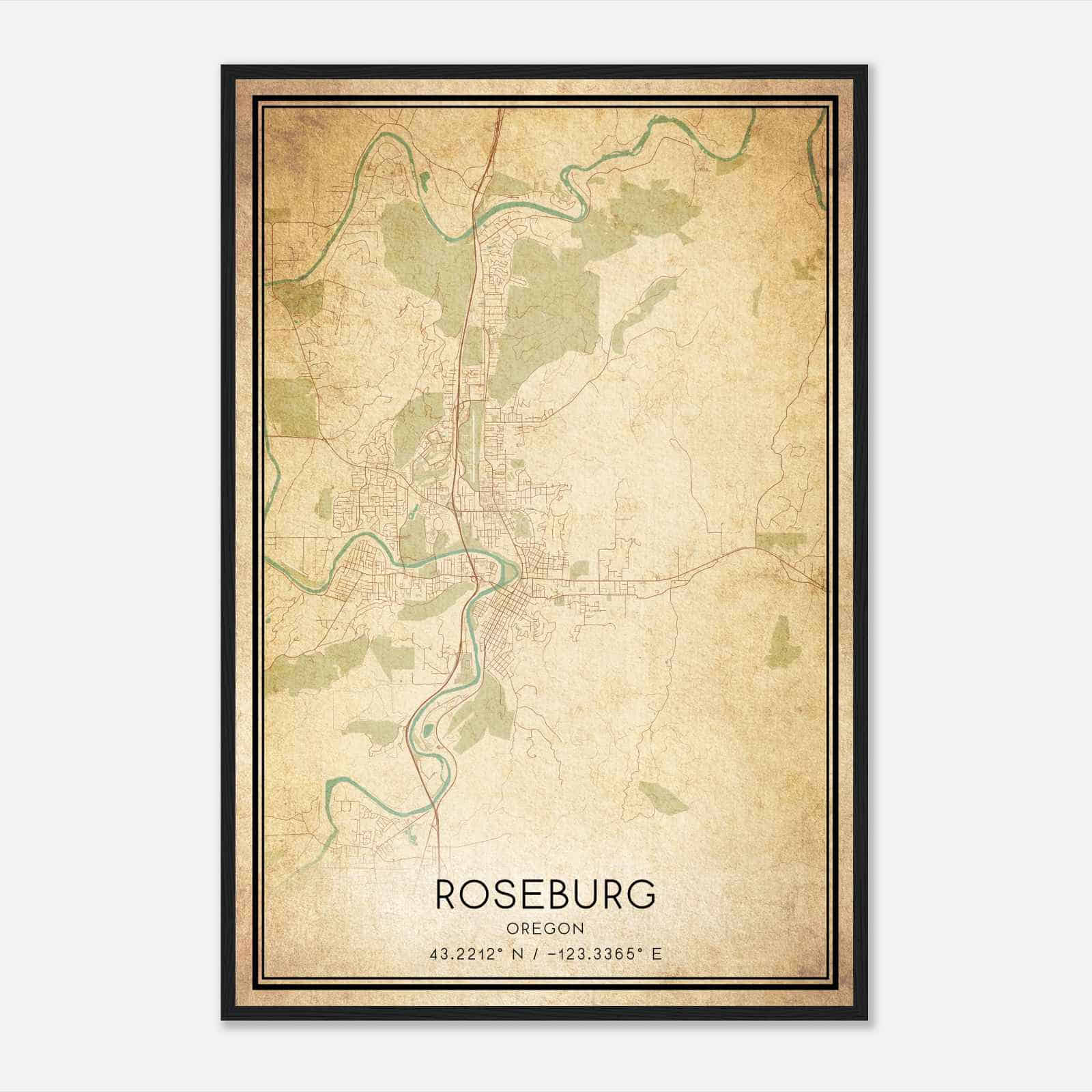Vintage Roseburg Oregon Map Poster, Modern Home Decor Wall Art Print