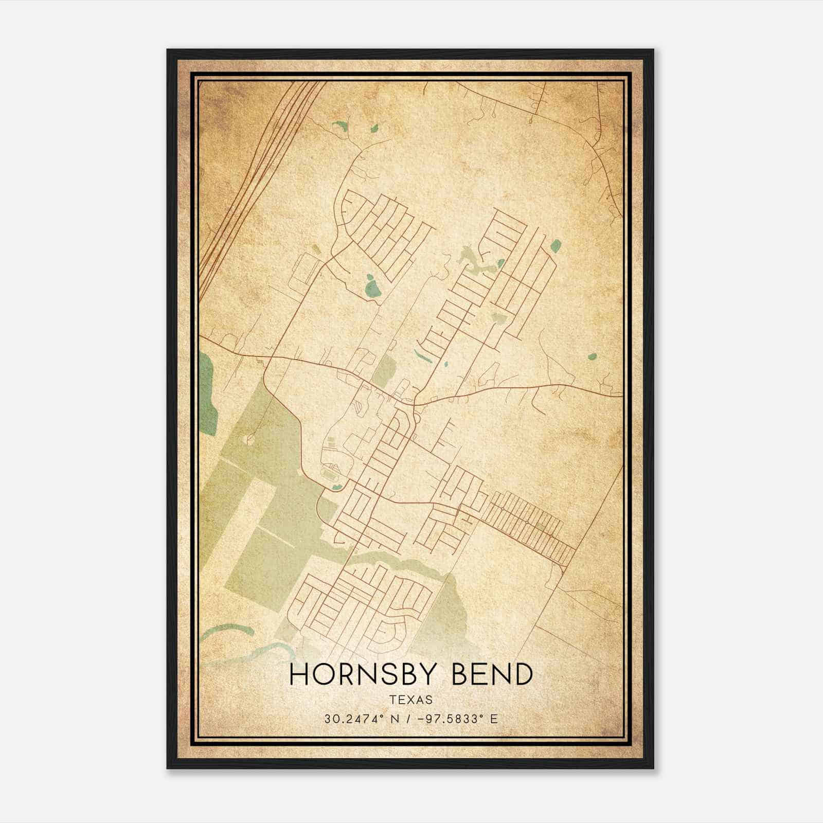 Vintage Hornsby Bend Texas Map Poster, Modern Home Decor Wall Art Print