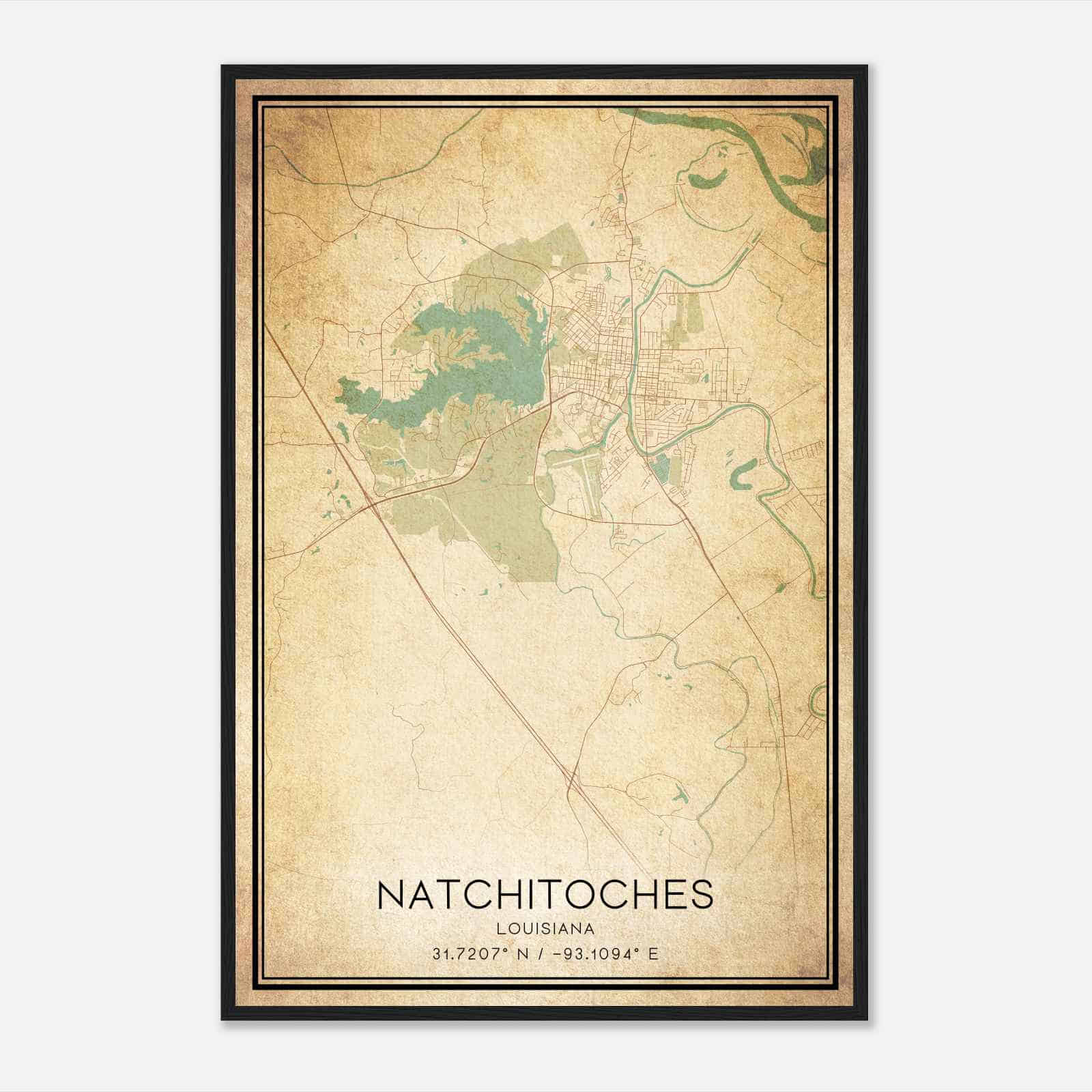 Vintage Natchitoches Louisiana Map Poster, Modern Home Decor Wall Art Print