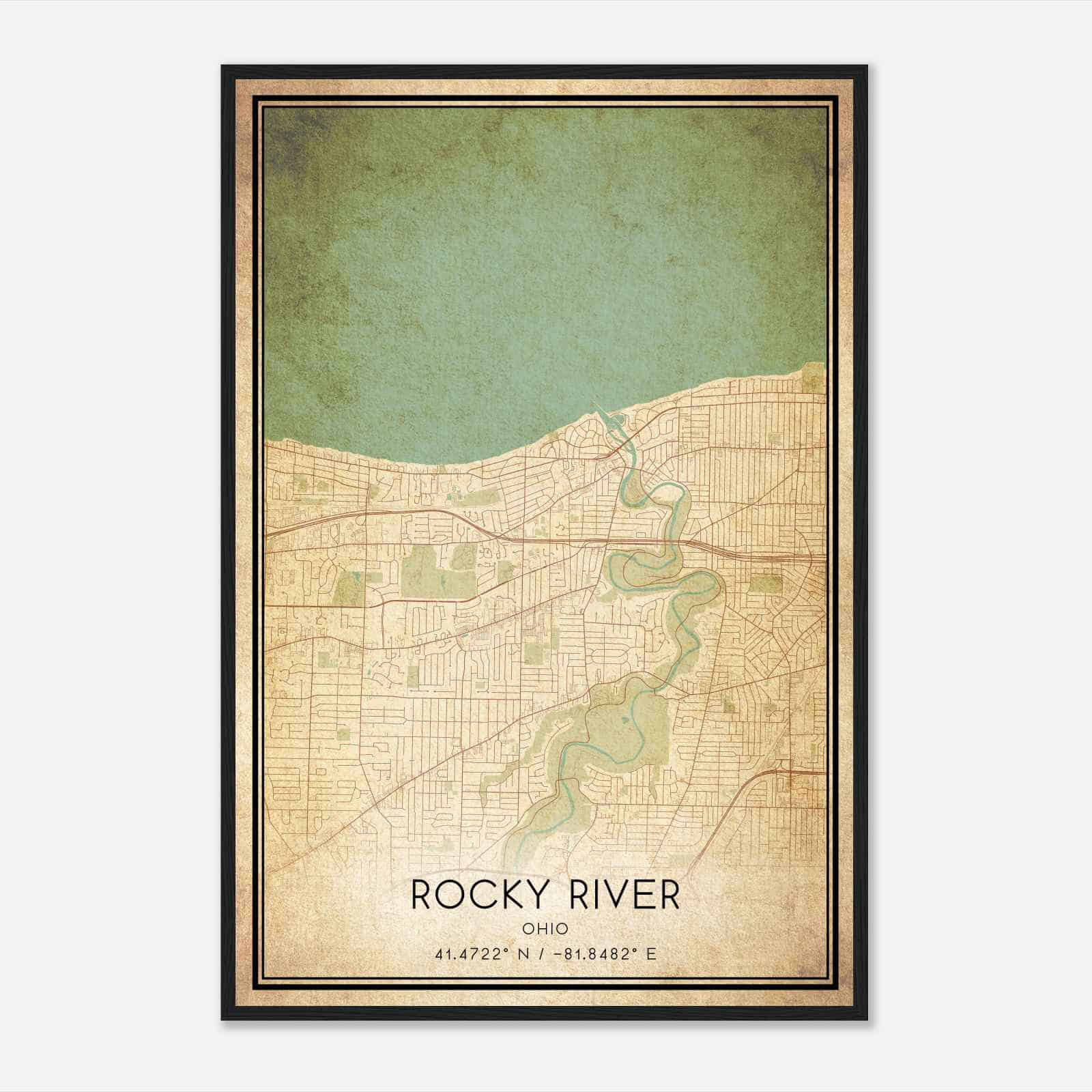 Vintage Rocky River Ohio Map Poster, Modern Home Decor Wall Art Print