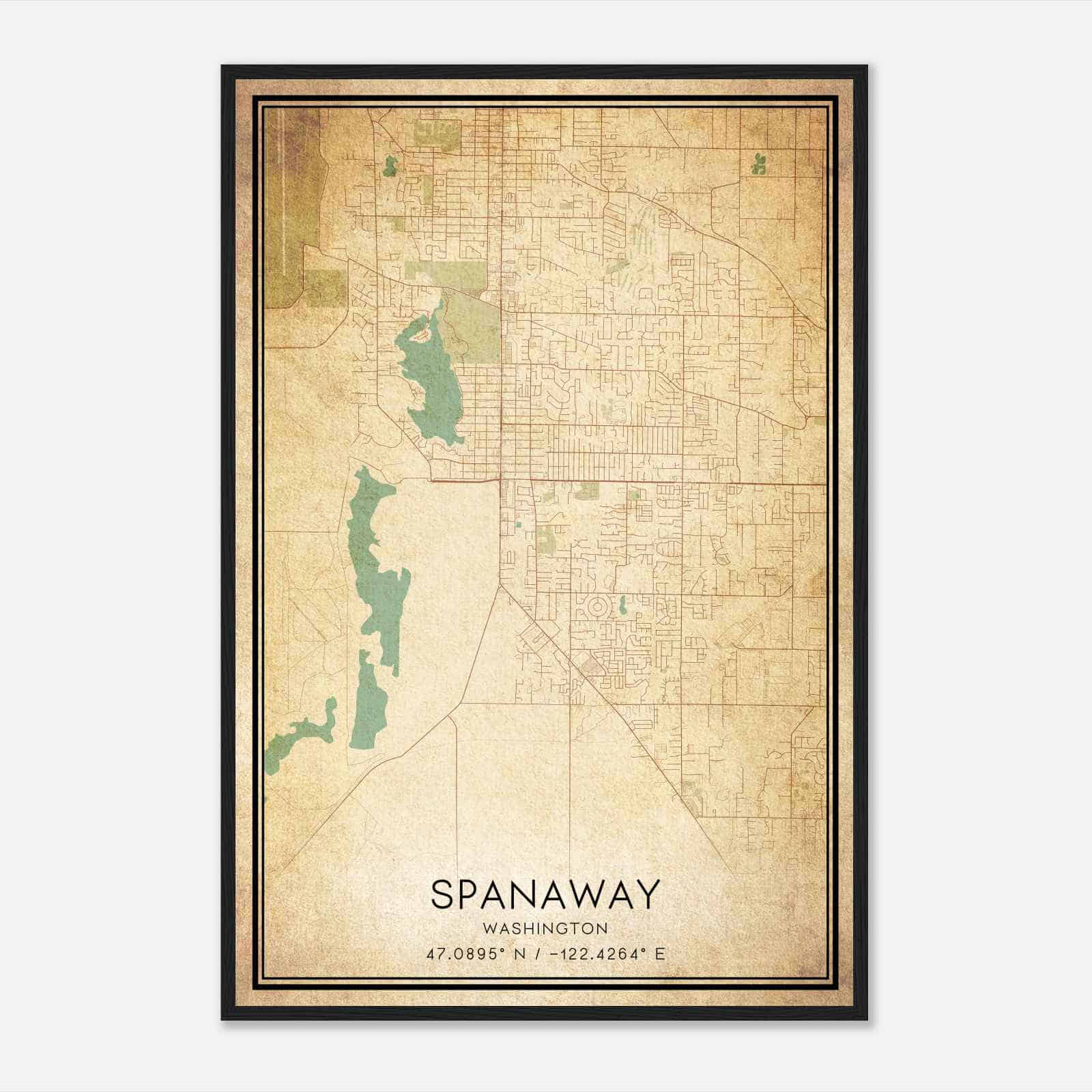 Vintage Spanaway Washington Map Poster, Modern Home Decor Wall Art Print