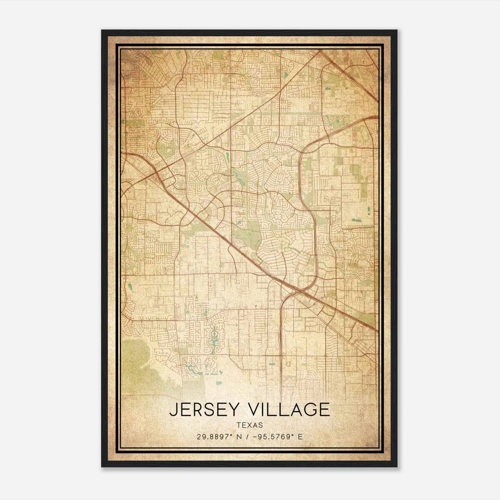 Vintage Jersey Village Texas Map Poster, Modern Home Decor Wall Art Print
