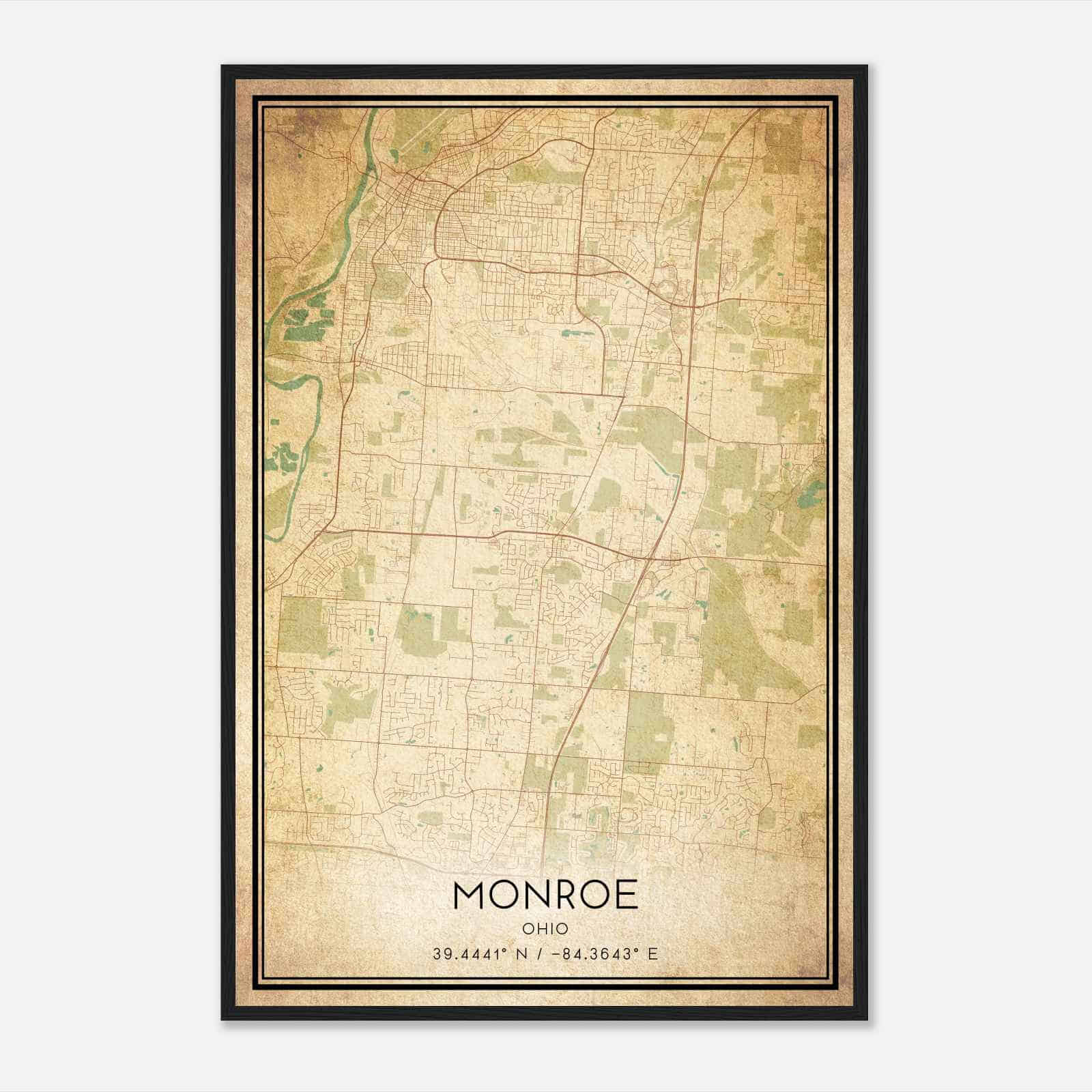 Vintage Monroe Ohio Map Poster, Modern Home Decor Wall Art Print