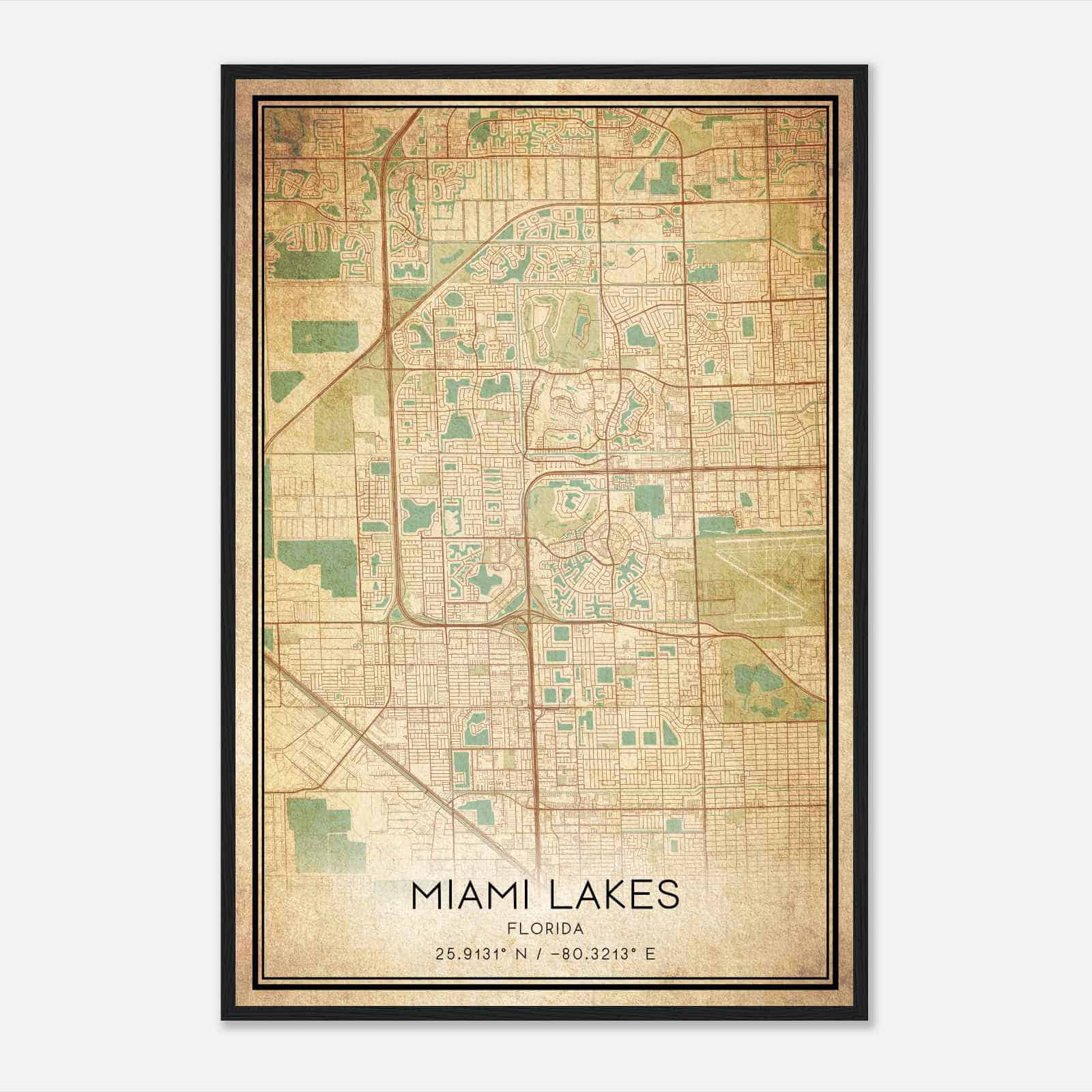 Vintage Miami Lakes Florida Map Poster, Modern Home Decor Wall Art Print