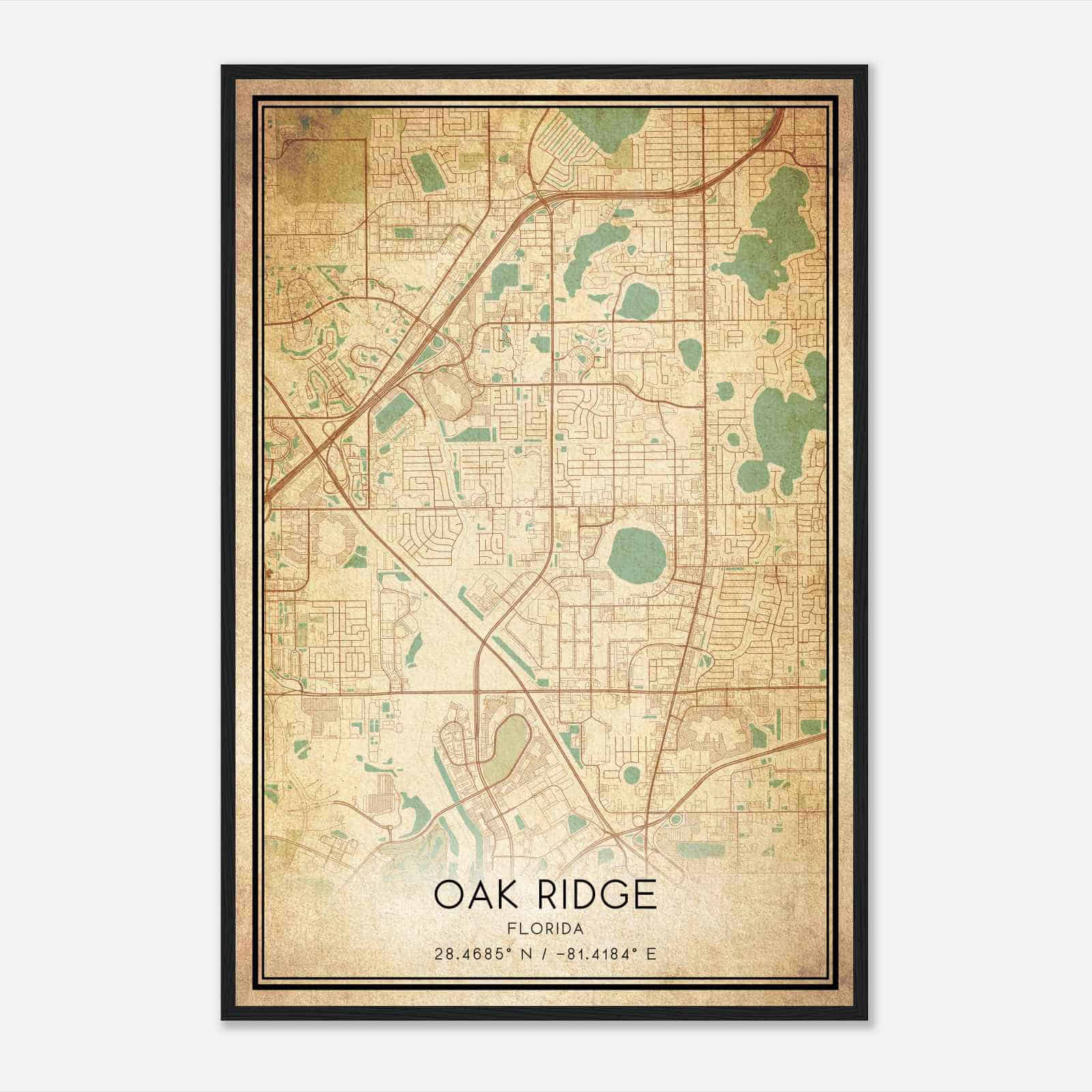 Vintage Oak Ridge Florida Map Poster, Modern Home Decor Wall Art Print