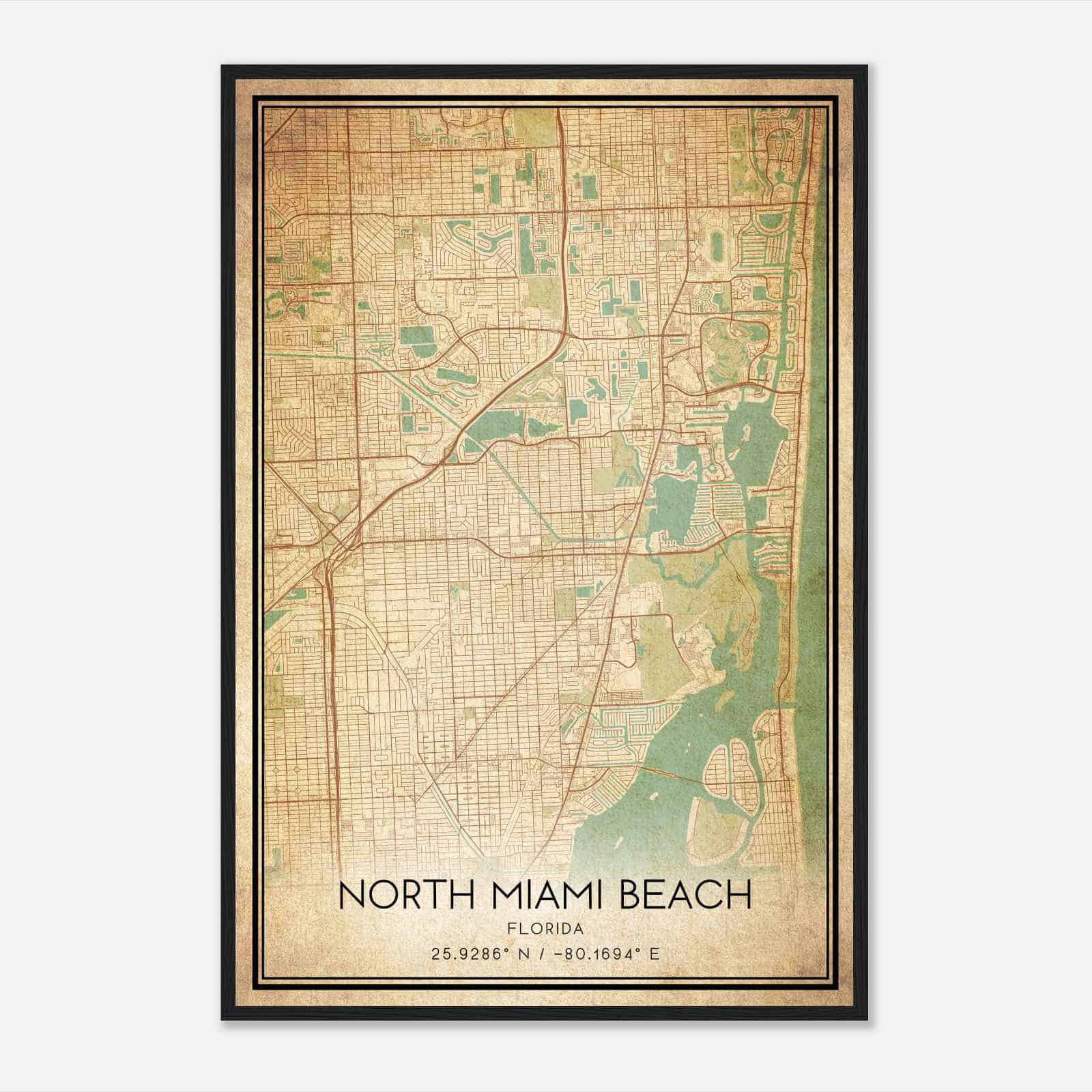Vintage North Miami Beach Florida Map Poster, Modern Home Decor Wall Art Print