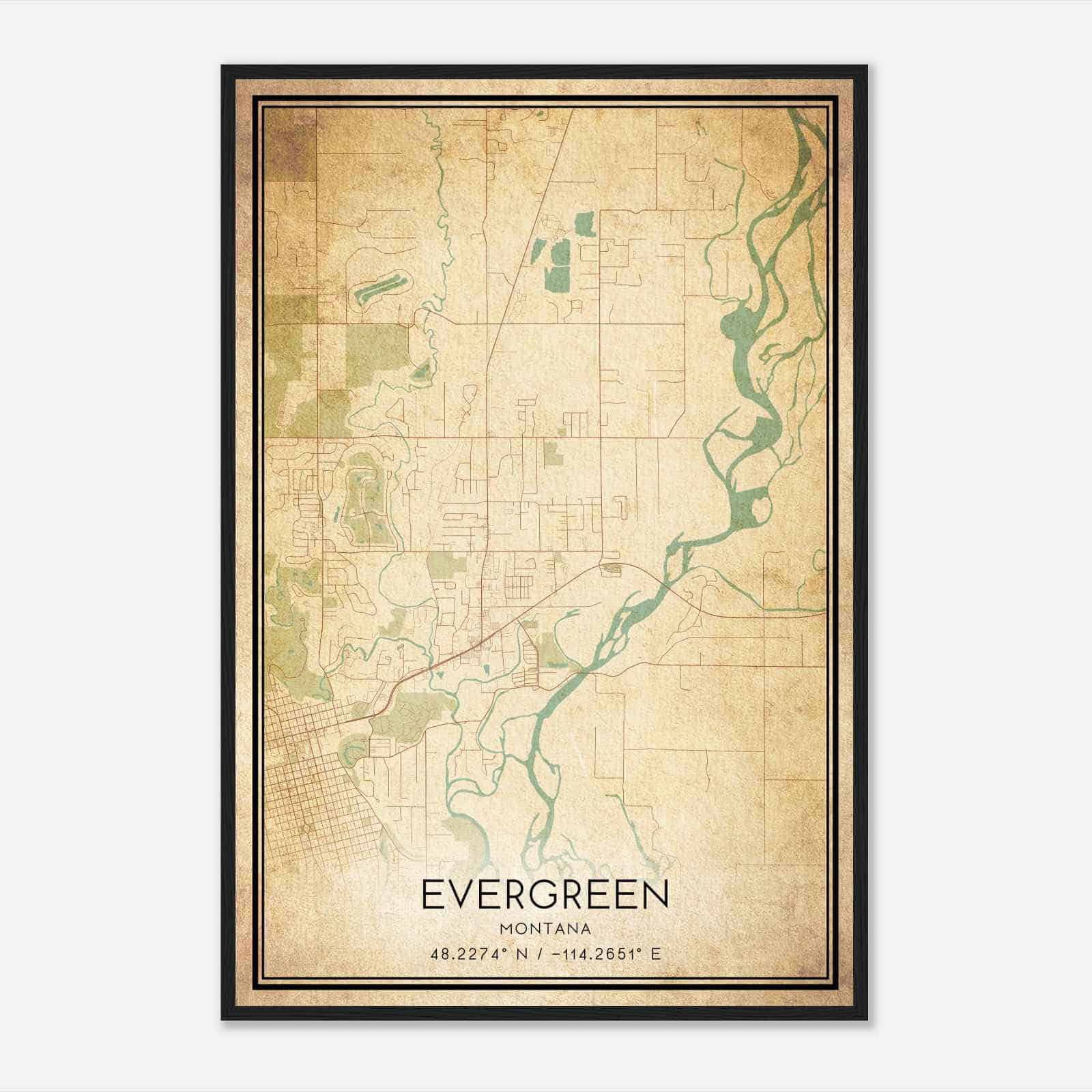 Vintage Evergreen Montana Map Poster, Modern Home Decor Wall Art Print
