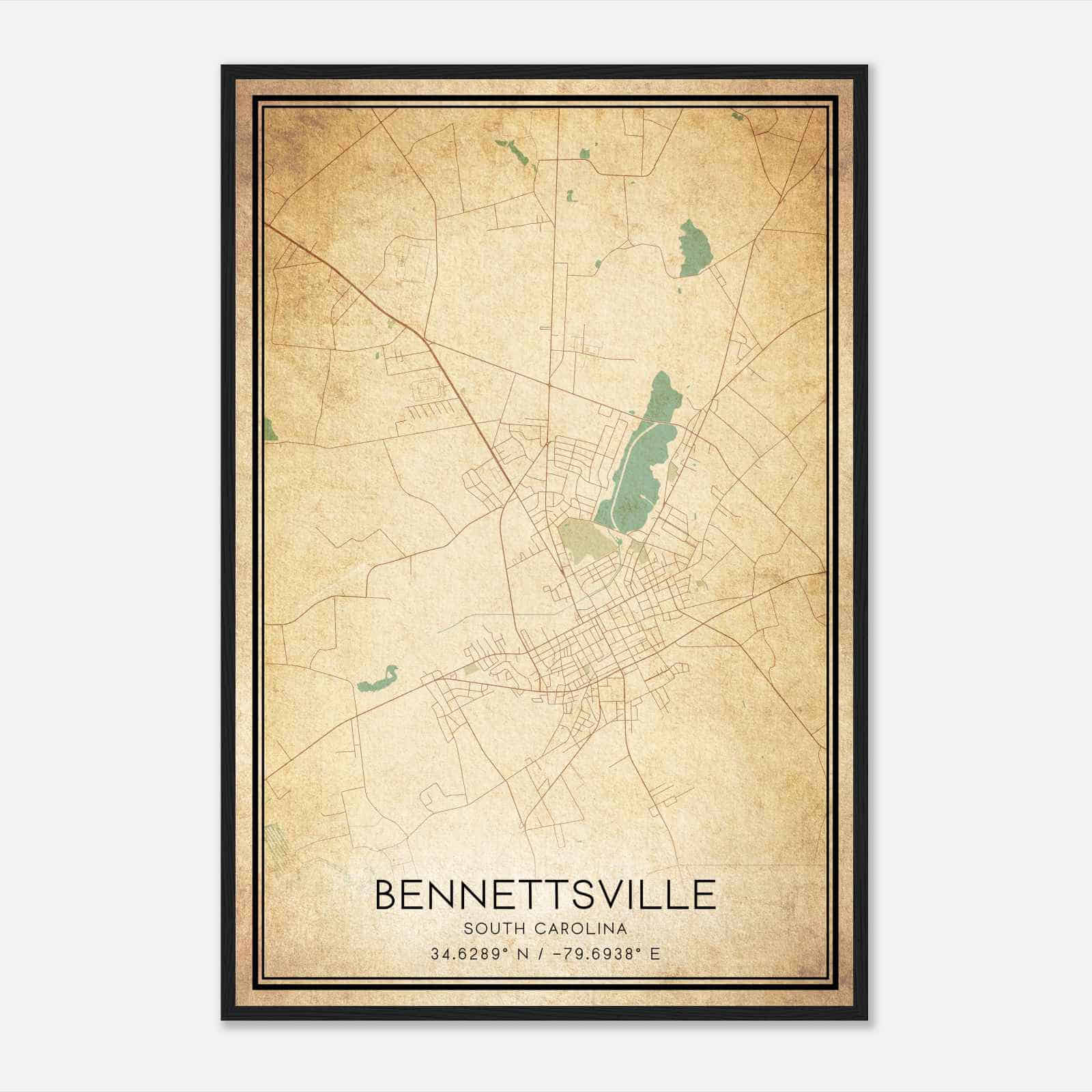 Vintage Bennettsville South Carolina Map Poster, Modern Home Decor Wall Art Print