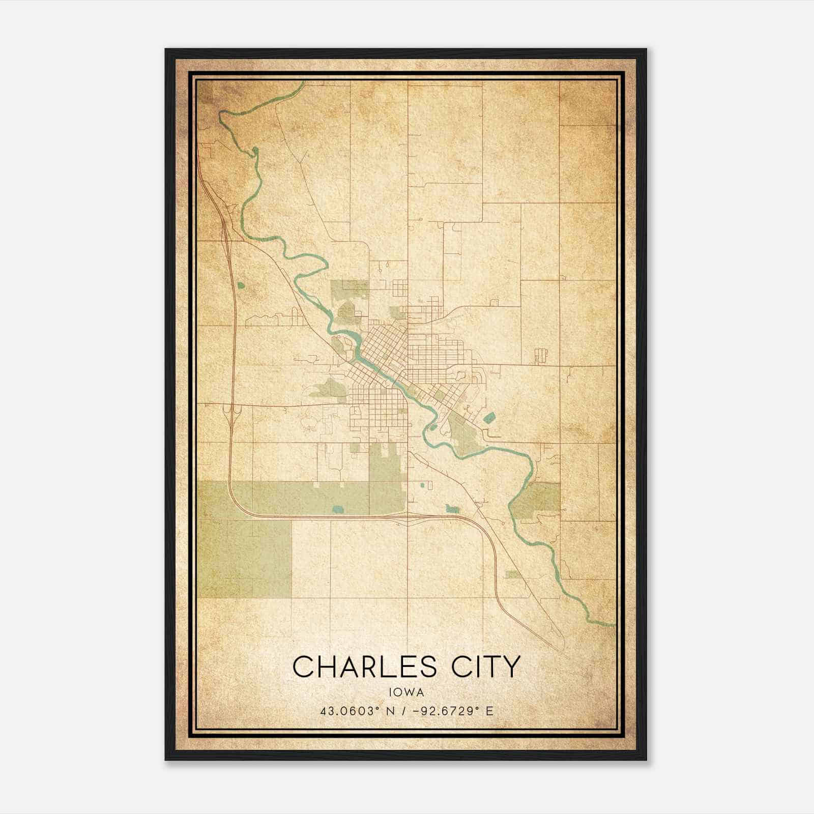 Vintage Charles City Iowa Map Poster, Modern Home Decor Wall Art Print