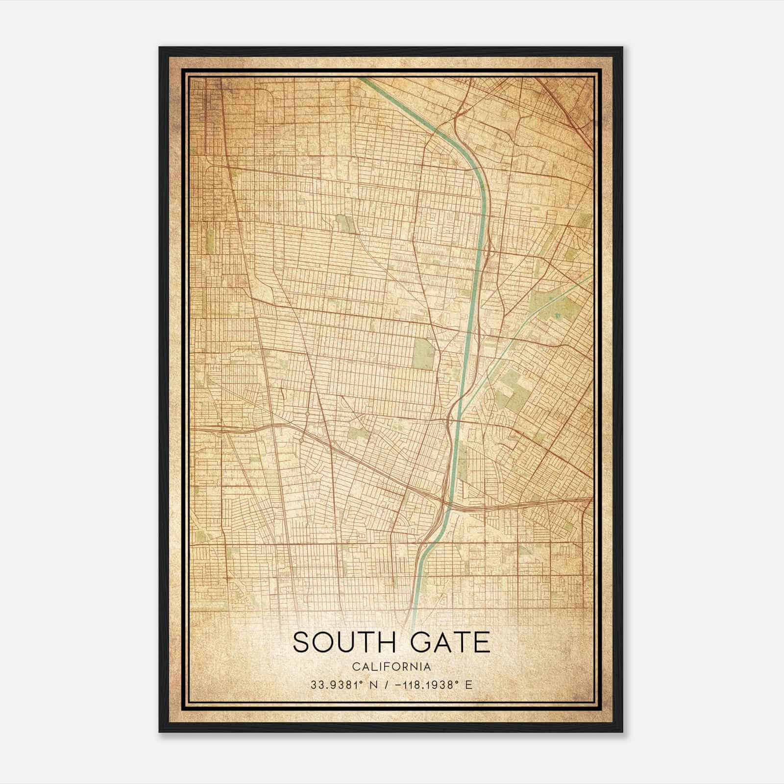 Vintage South Gate California Map Poster, Modern Home Decor Wall Art Print