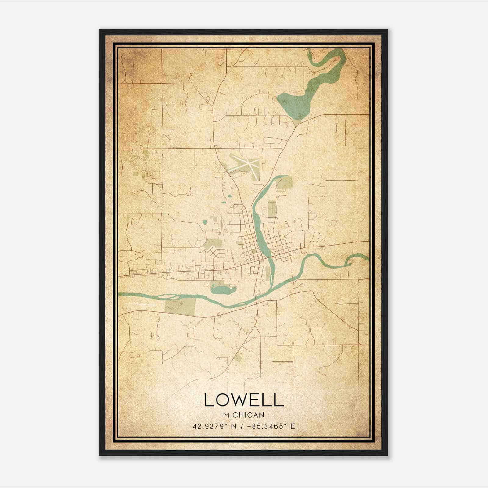 Vintage Lowell Michigan Map Poster, Modern Home Decor Wall Art Print