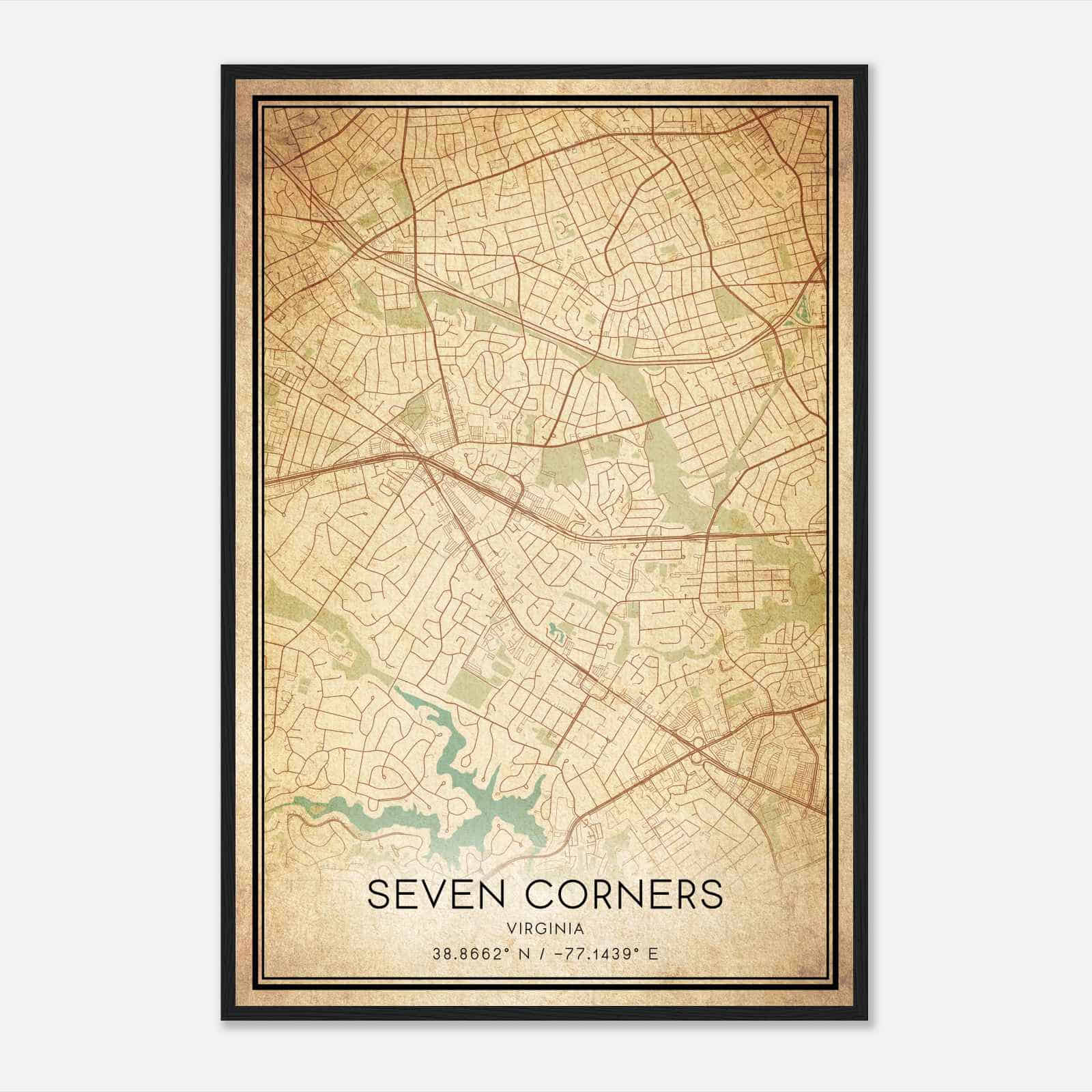 Vintage Seven Corners Virginia Map Poster, Modern Home Decor Wall Art Print