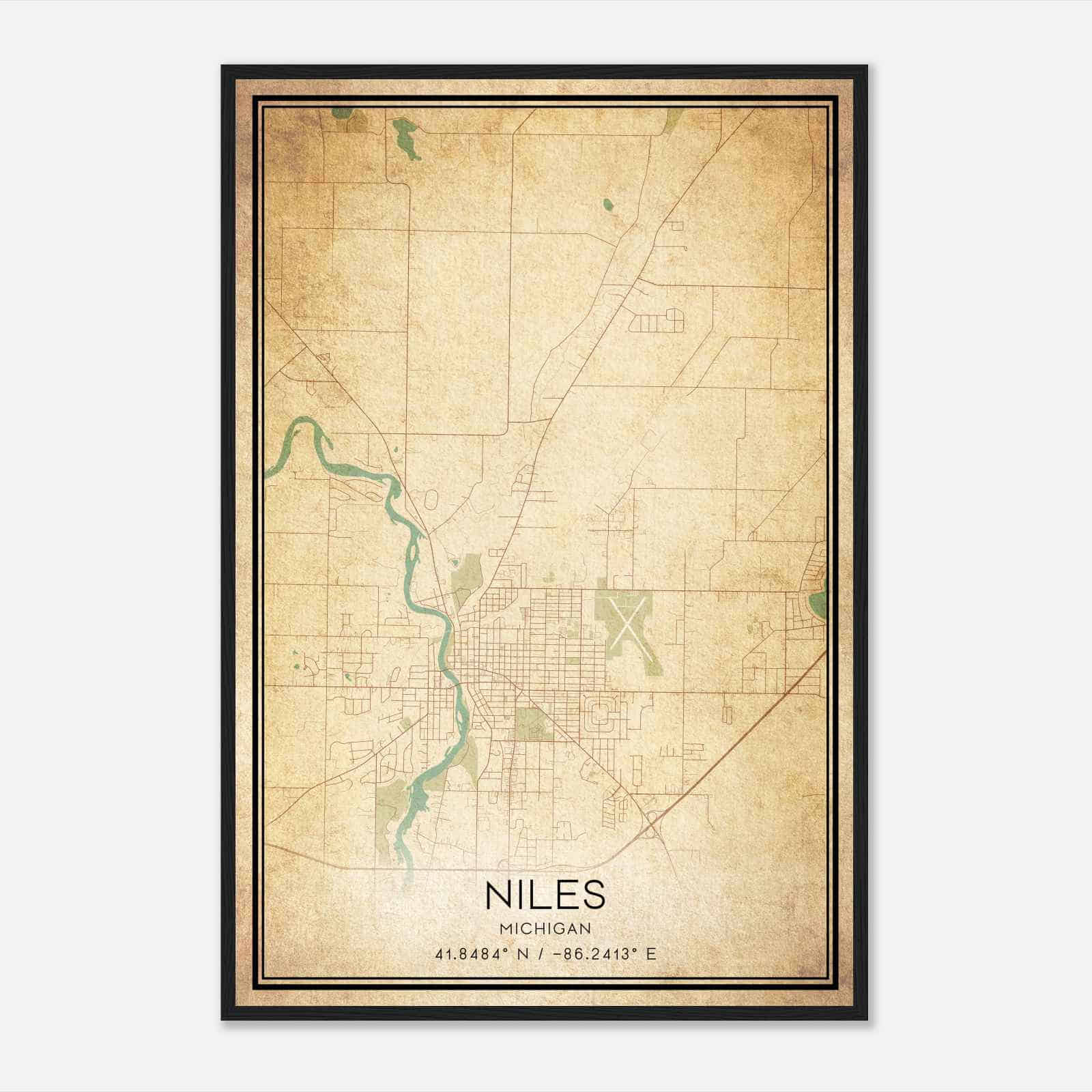 Vintage Niles Michigan Map Poster, Modern Home Decor Wall Art Print