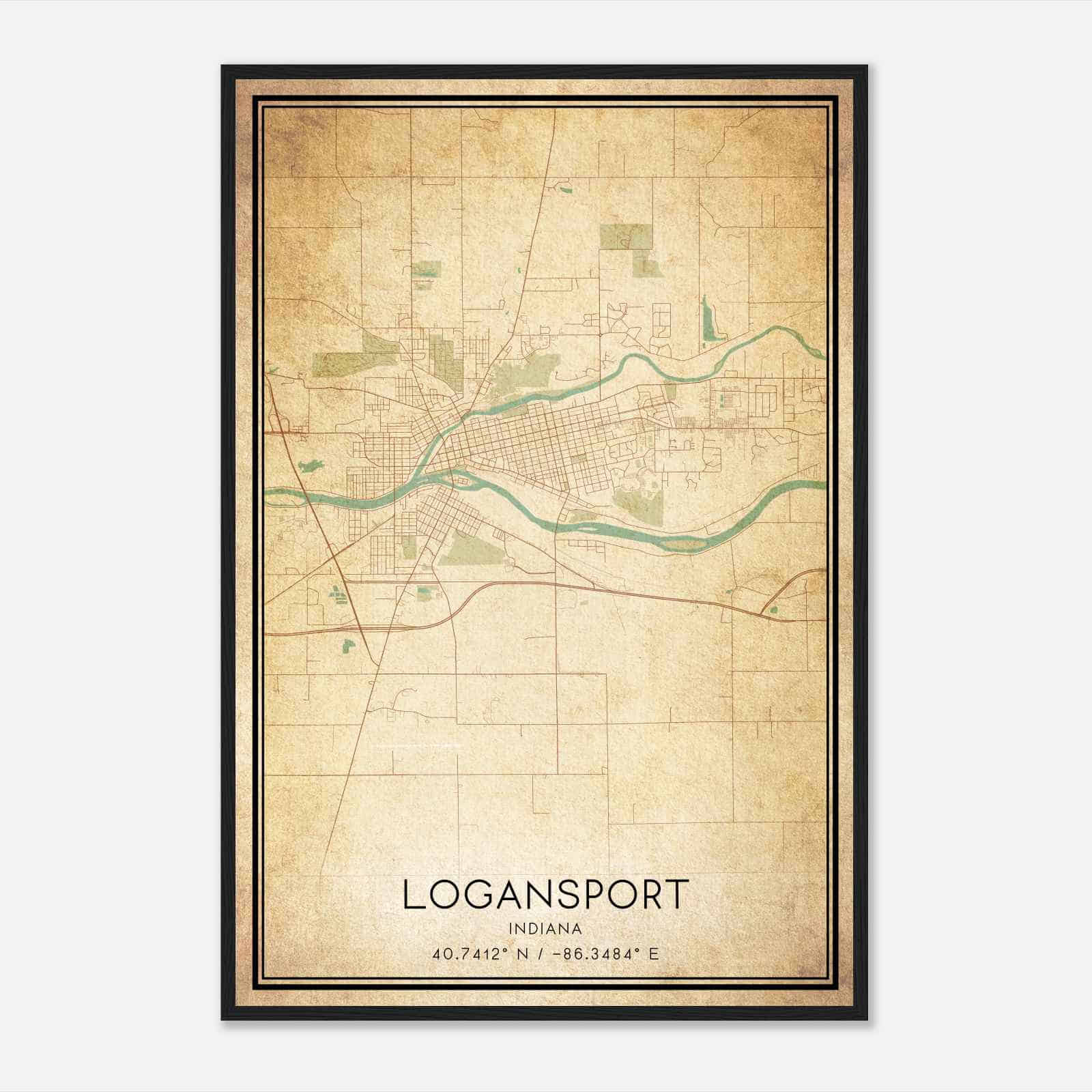 Vintage Logansport Indiana Map Poster, Modern Home Decor Wall Art Print