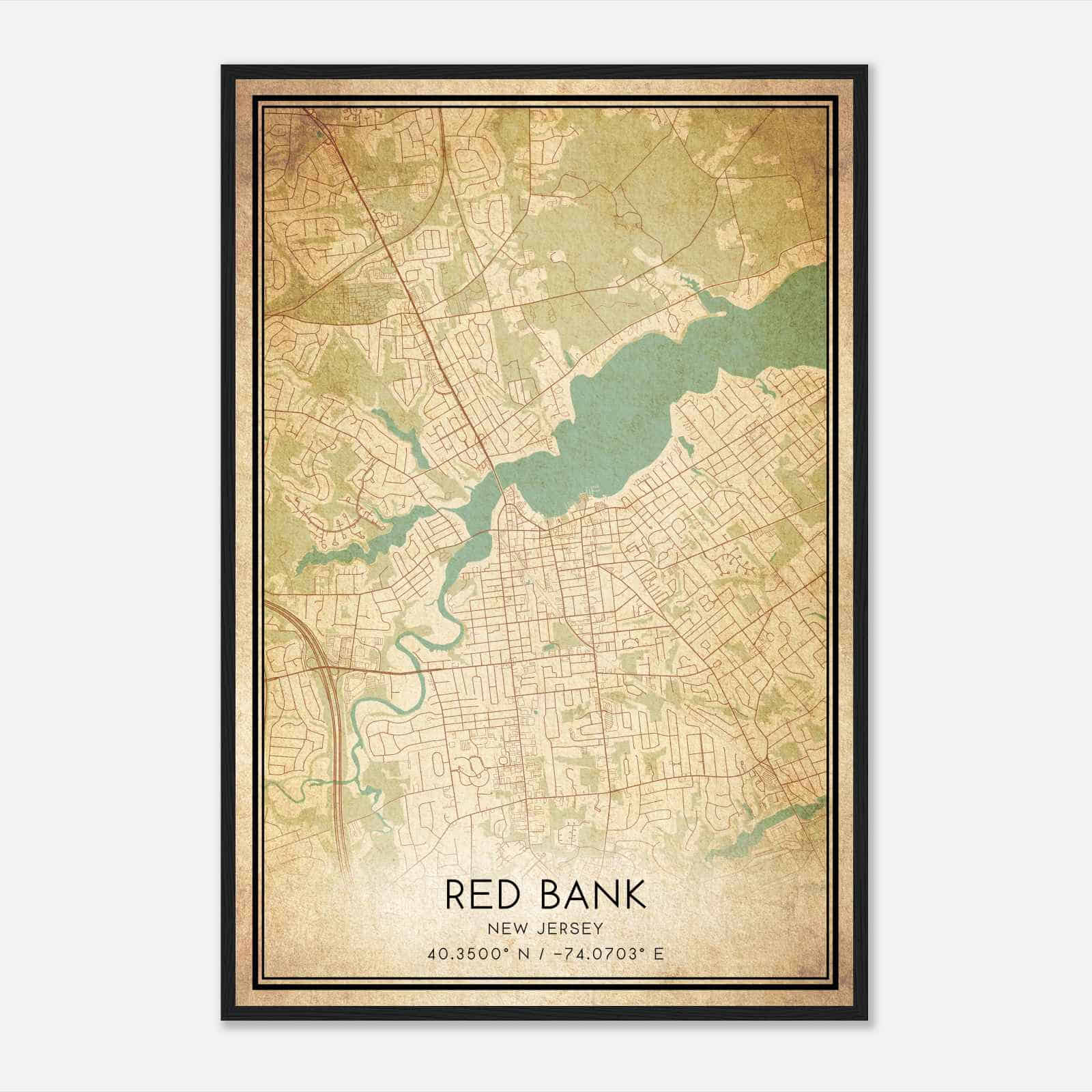Vintage Red Bank New Jersey Map Poster, Modern Home Decor Wall Art Print