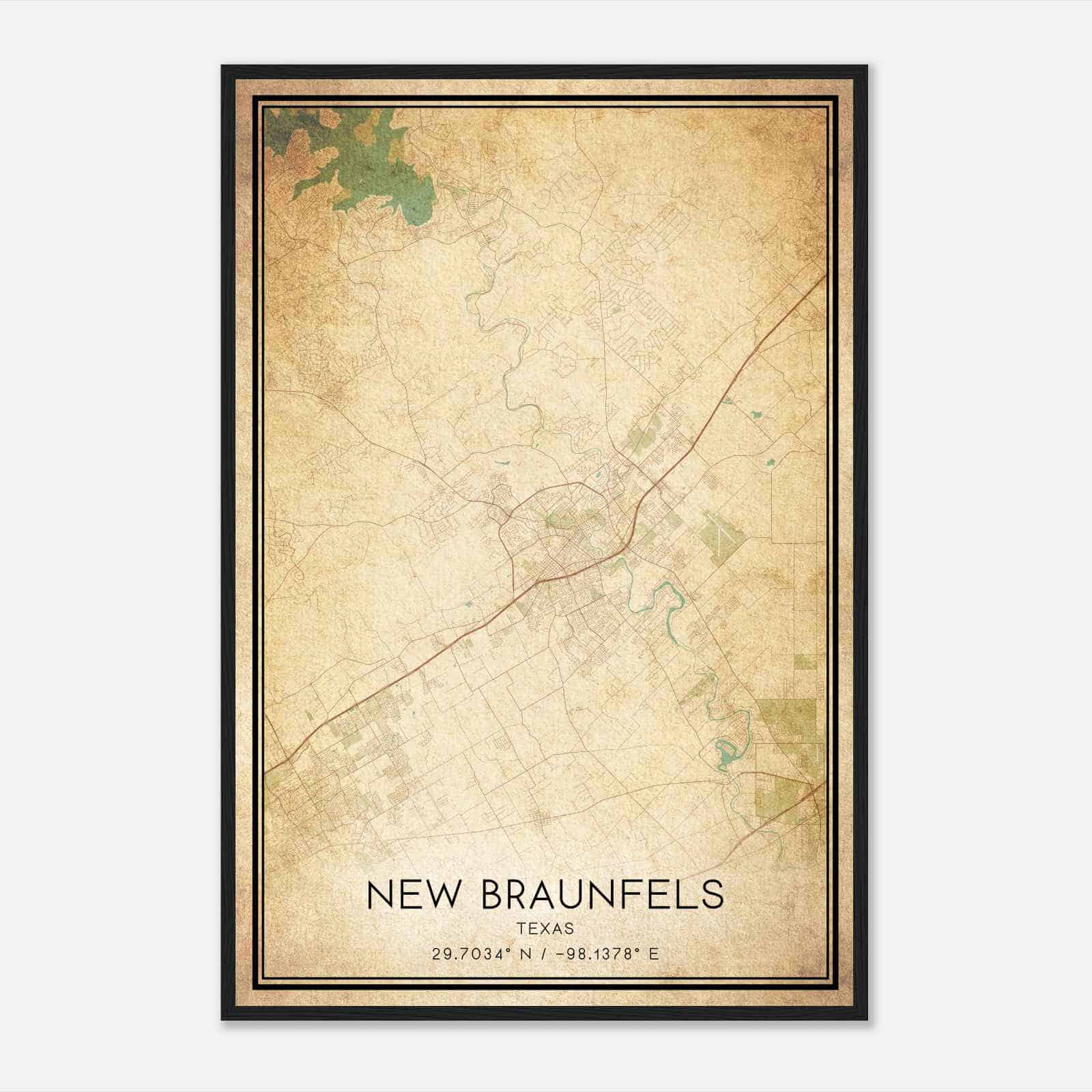 Vintage New Braunfels Texas Map Poster, Modern Home Decor Wall Art Print